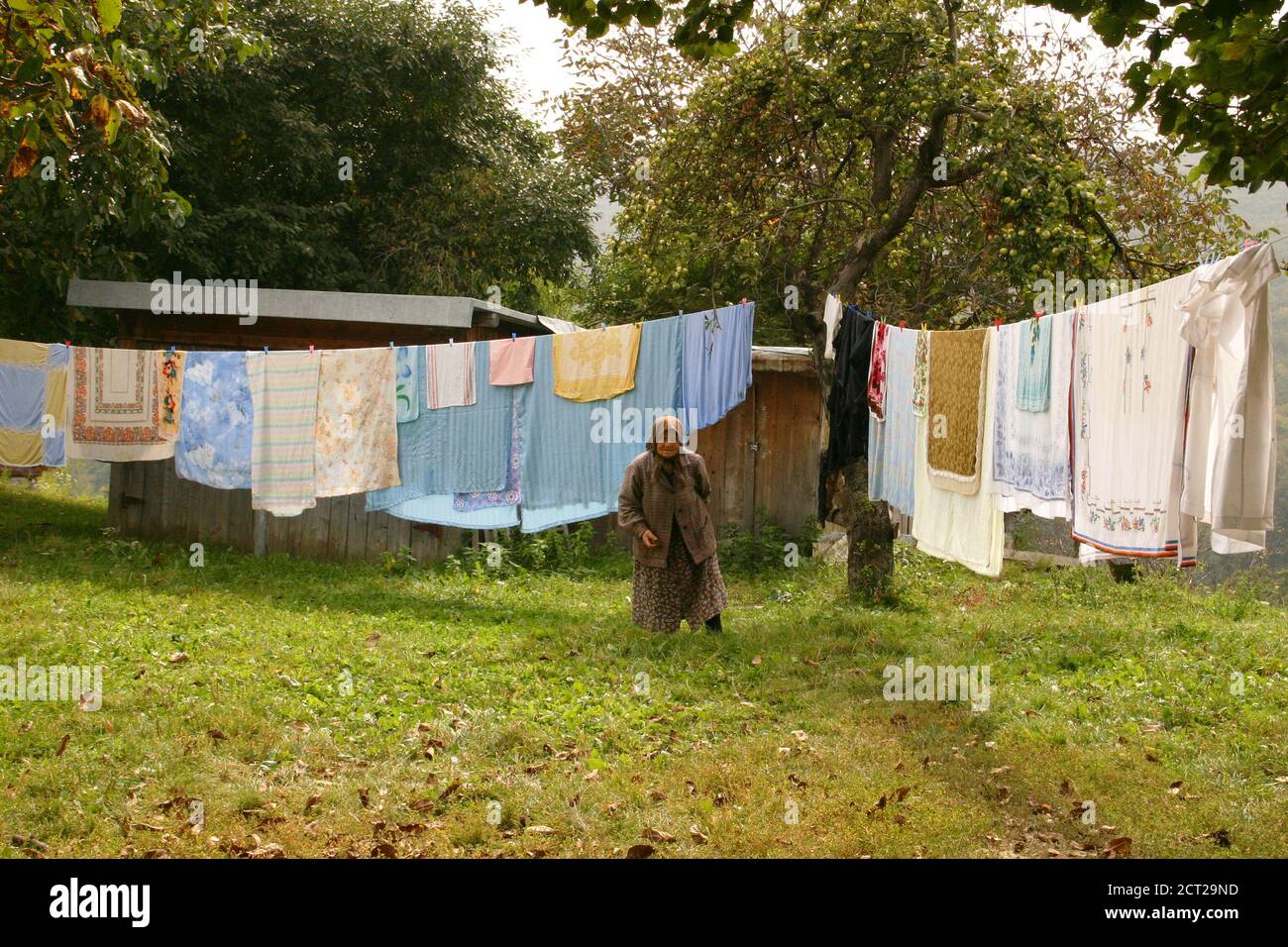 Botosani County, Rumänien. Ältere Frau mit Wäsche trocknen auf Wäscheleine in der Sonne. Stockfoto