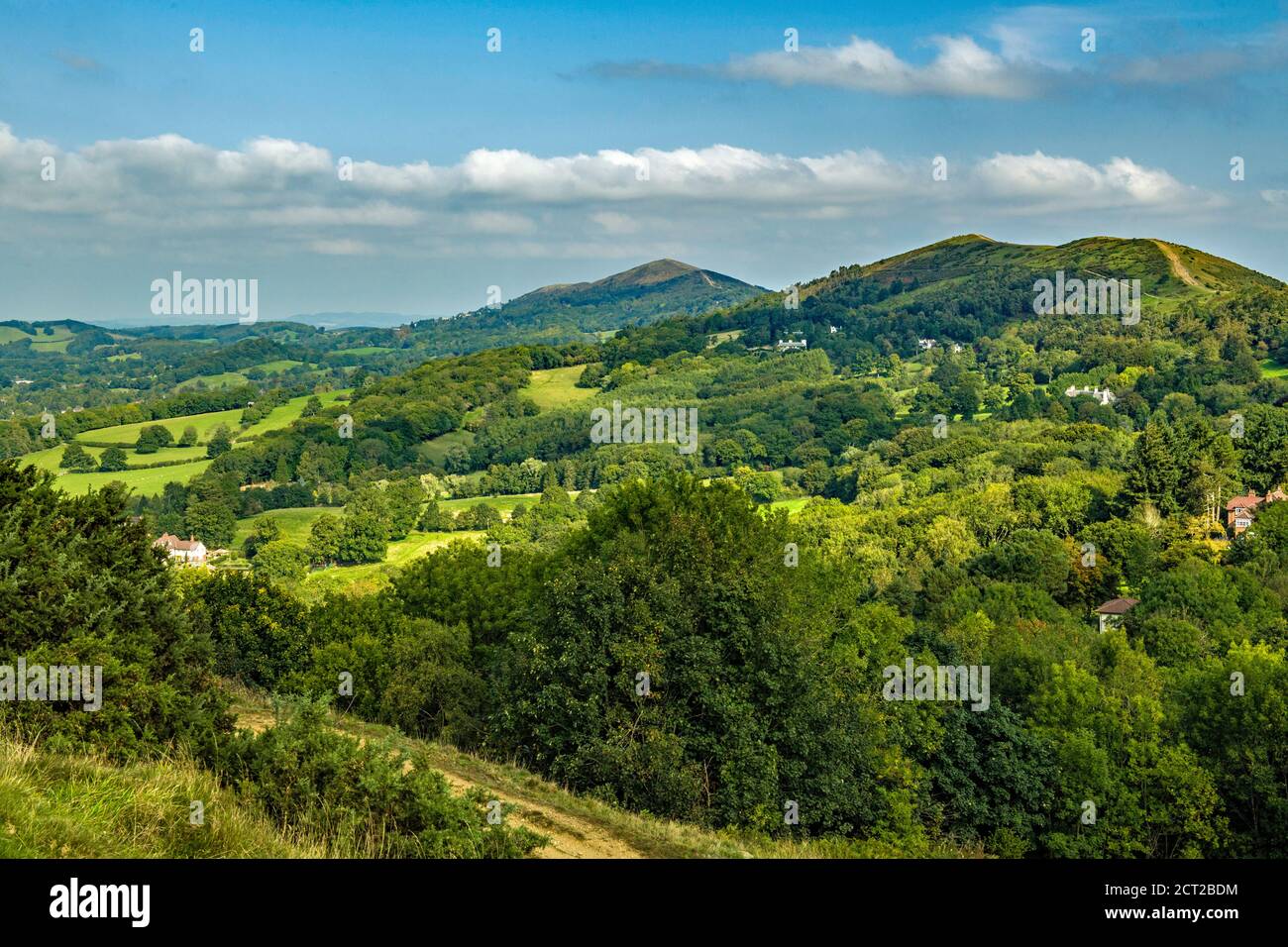 Der nördliche Abschnitt der Malvern Hills, die Grenze zwischen Herefordshire und Worcestershire in England, im September. Stockfoto