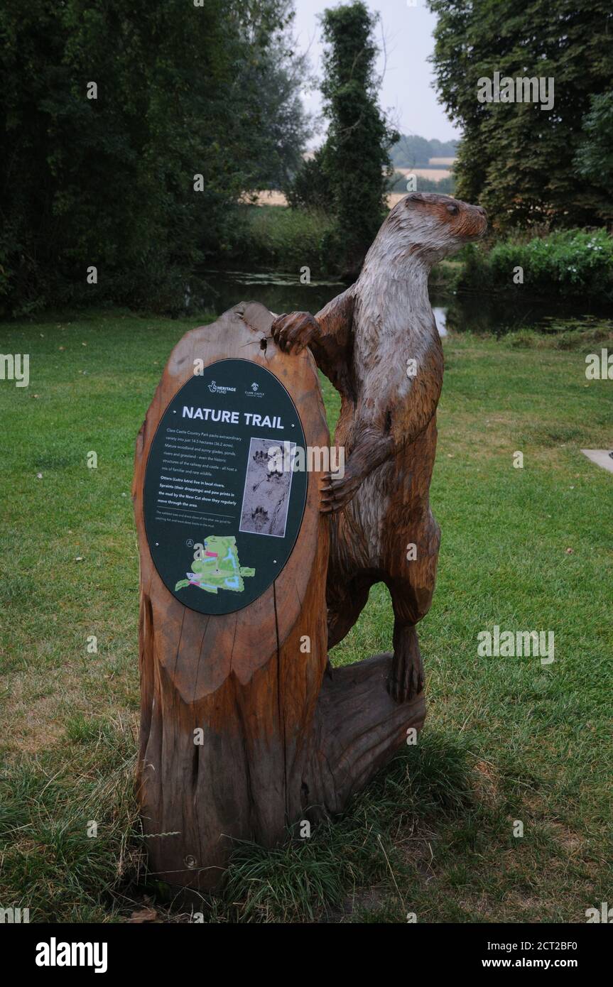 Carving auf dem Naturlehrpfad im Clare Castle Country Park, Clare, Suffolk Stockfoto