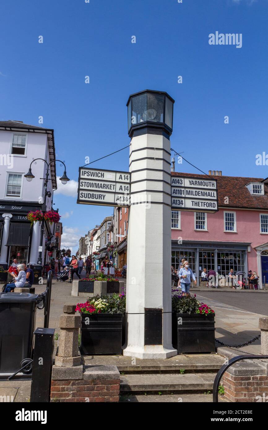 Die Säule von Salz Straßenschild, ein Grade II gelistetes Schild, Bury St Edmunds, Suffolk, UK. Stockfoto