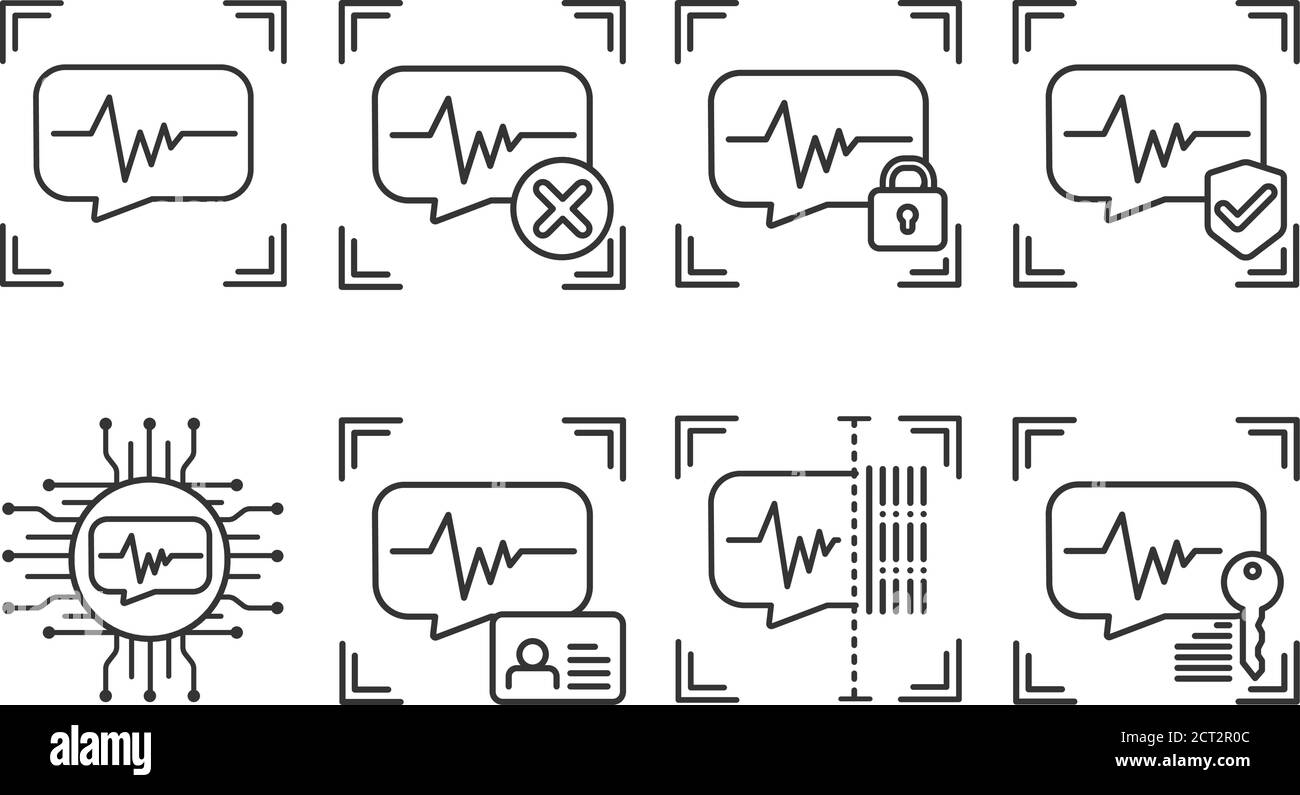 Schwarze Strichsymbole für den Scan der Spracherkennung eingestellt. Konzept: Person verifizieren, blockierter Benutzer, Sicherheit, genehmigt, ai, id, Scannen, Zugriff entsperren Stock Vektor