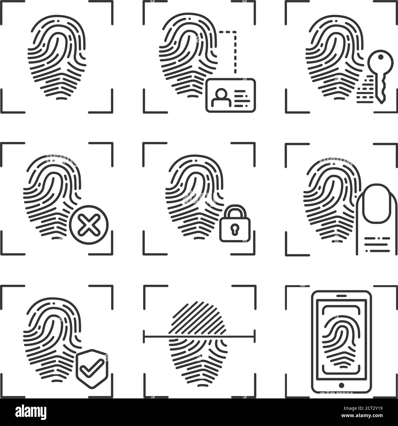 Fingerabdruck-Scan bietet Sicherheitszugriff schwarze Linien Symbole gesetzt. ID und verifizende Person. Konzept von: Zulassung, dna-System, wissenschaftliche Technologie Stock Vektor