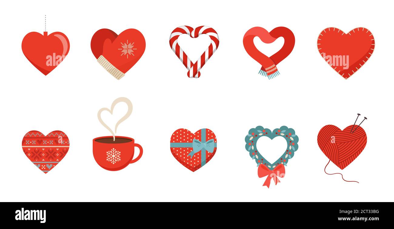 Winterliebe. Sammlung von Konzept-Ikonen, Elemente mit roten Herzen in verschiedenen Formen: Schal, Tasse, Geschenkbox, Fäustlinge und Süßigkeiten. Flache Vektorsymbole Stock Vektor