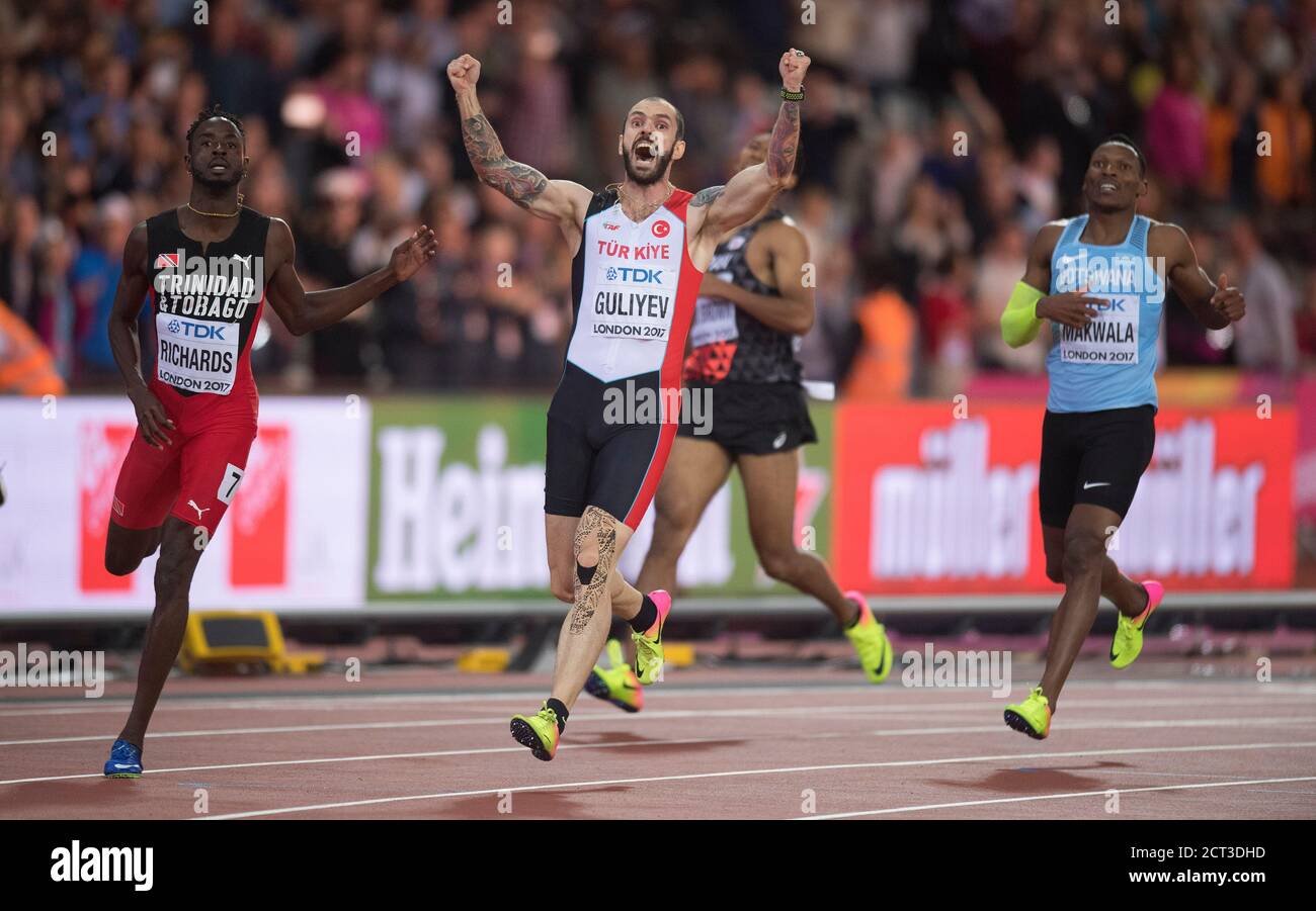 Ramil Guliyev feiert den Gewinn des Mens-200m-Finales.Leichtathletik-Weltmeisterschaften - London 2017. Bild © Mark Pain / Alamy Stockfoto