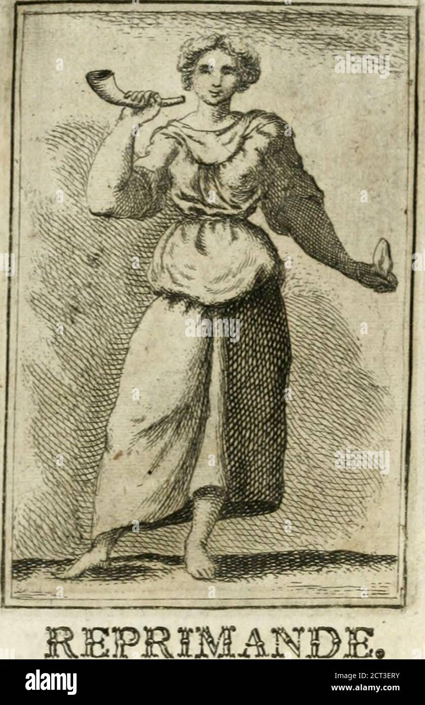 . Iconologie, tirée de divers auteurs : ouvrage utile aux gens de lettres, aux poëtes, aux artistes, & généralement à tous les amateurs des beaux-Arts . Comme les différents Portraits que les Poètes ontdonnés de la renommée, deviendroicnt pour leplus part monftrueux en peinture. Les Artifettes nepeuvent la repréfenter agréablement que par une fem-me qui a deux grandes ailes, & qui femble attentiveà écouter. Elle tient deux trompettes, Tune dargent,lautre de bois; cette diftinction fignifie que la renom-mée publie indifféremment les grandes aétions com-me les momdres. SA Robe eft compofée dun tif Stockfoto