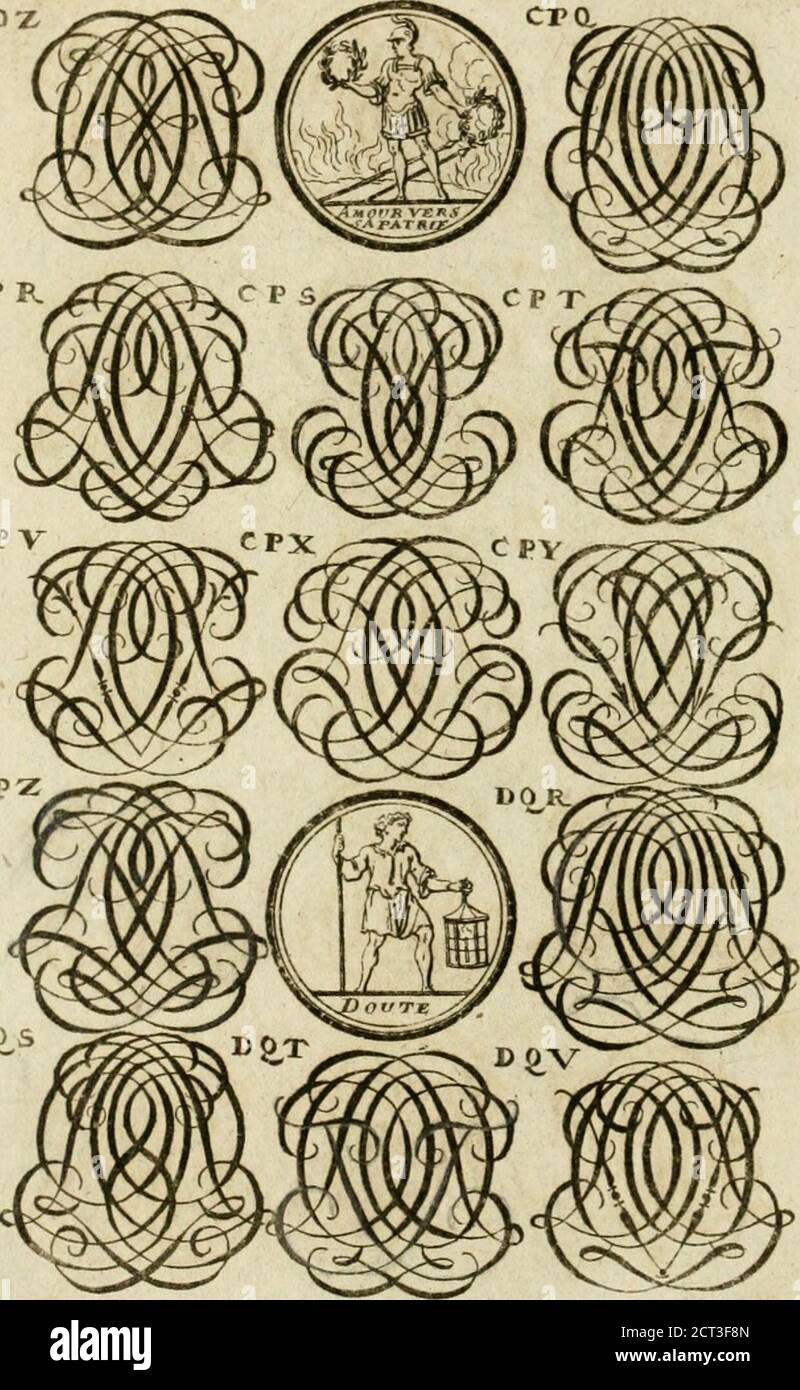 . Recueil d'emblêmes, devises, medailles, et figures Hieroglyphiques, au nombre de plus de douze Cent, avec leurs explancations : accompagné de plus de deux mille chiffres fleuronnez simples, doubles & triples ... : cet ouvrage qui est enrichy de deux cens cinquante planches en taille-douce, est très-utile aux graveurs, peintres, sculpteurs, orfevres, brodeurs, serruriers & à tous ceux qui travaillent au desein . /5(f DOR DOV / 5 y BOX cr R CP V CPZ D^S. hqx EKX Stockfoto