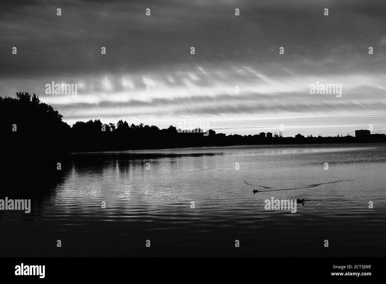 Schwarz-Weiß-Aufnahme mit Blick nach Süden über Dow's Lake mit einigen ungewöhnlichen Wolkenmustern am späten Nachmittag Himmel. Ottawa, Ontario, Kanada. Stockfoto