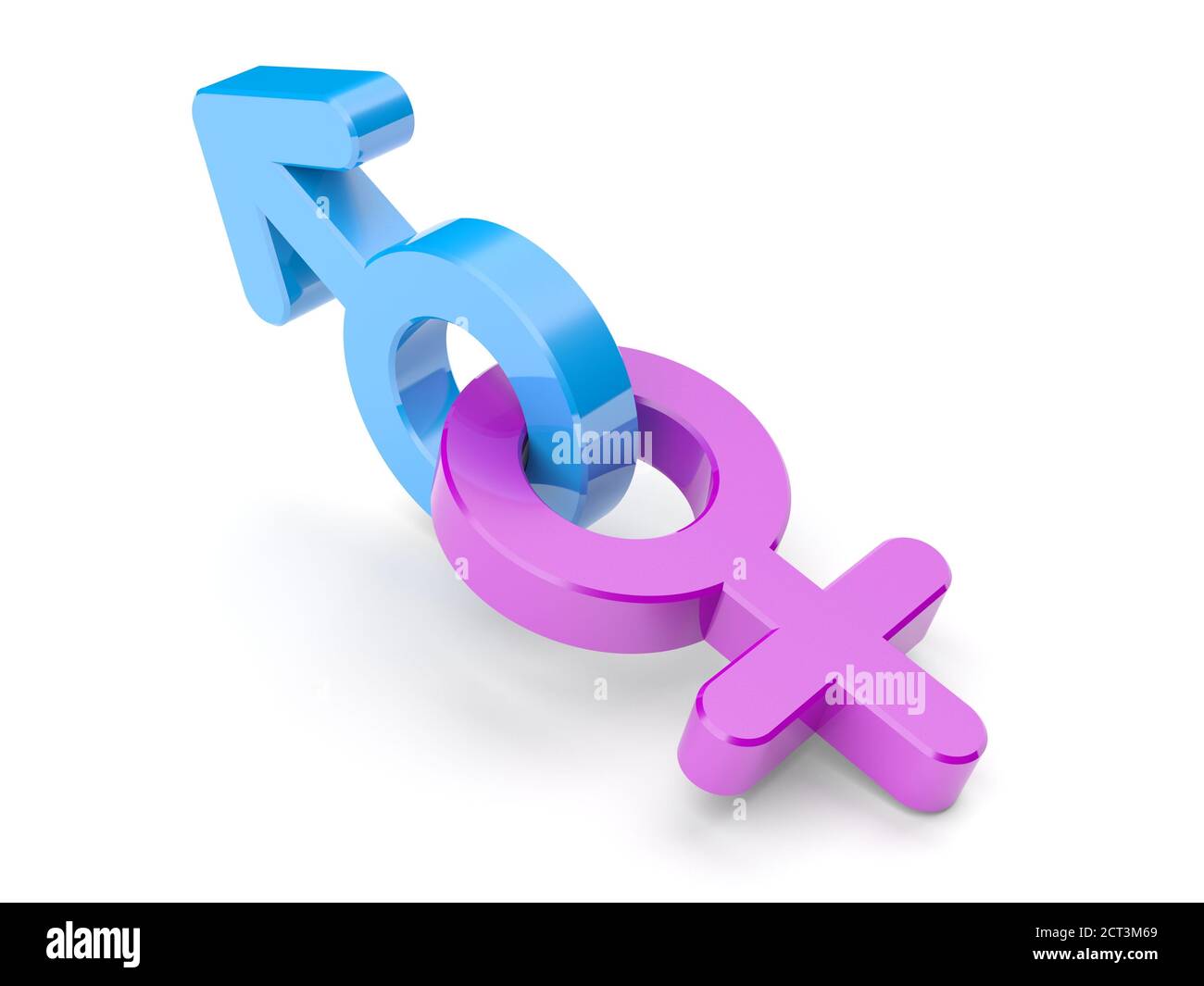 Auf weißem Hintergrund isolierte Geschlechtersymbole. Männlich und weiblich. Rosa und Blau. 3d-Illustration. Stockfoto