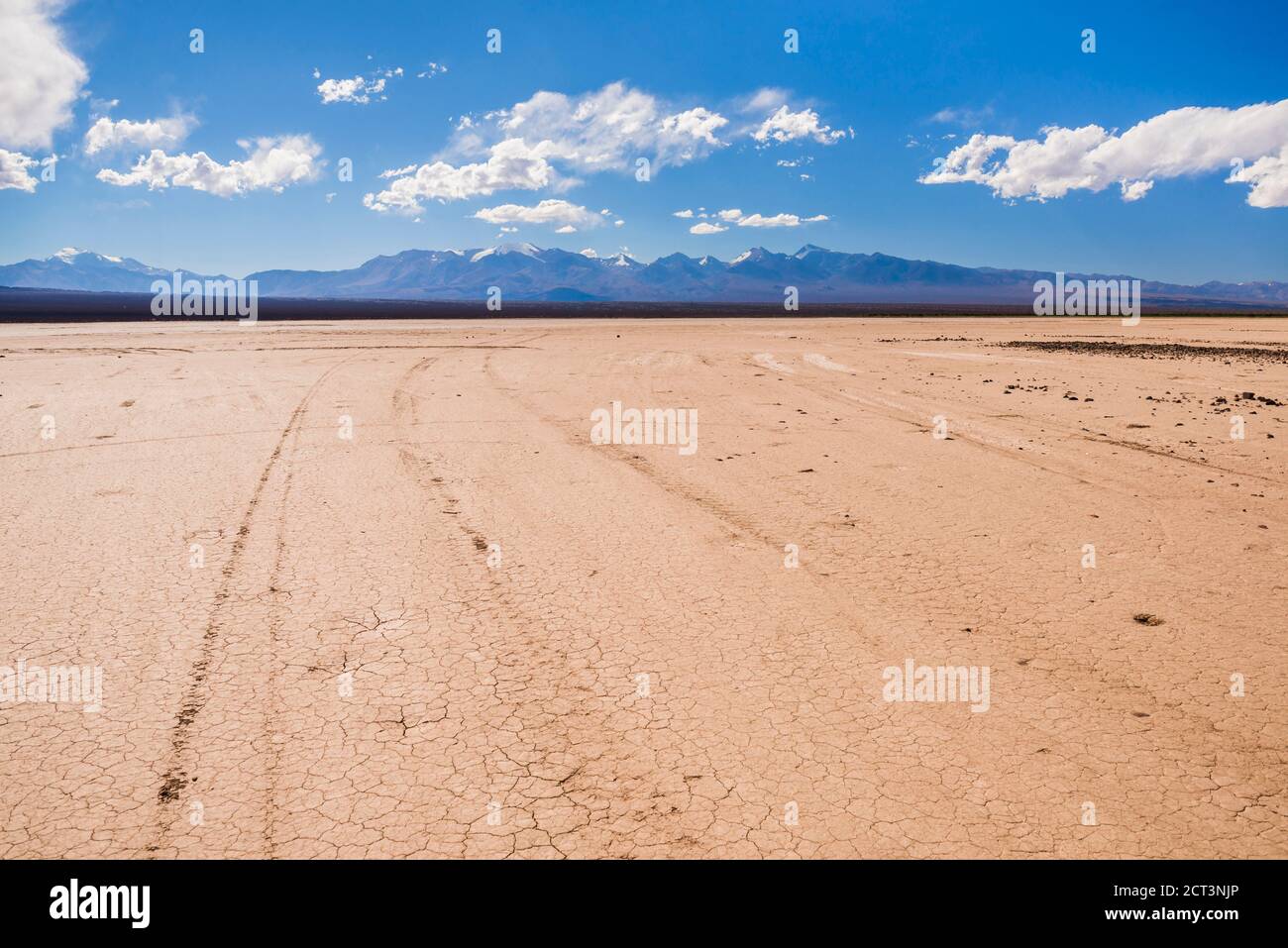 Trockenes Flussbett während einer Dürre bei El Barreal Blanco de la Pampa del Leoncito, Provinz San Juan, Argentinien, Südamerika, Hintergrund mit Kopierraum Stockfoto