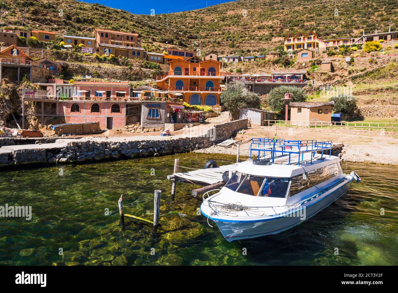 Hafen in Yumani Village, Isla del Sol (Insel der Sonne), Titicacasee, Bolivien, Südamerika Stockfoto