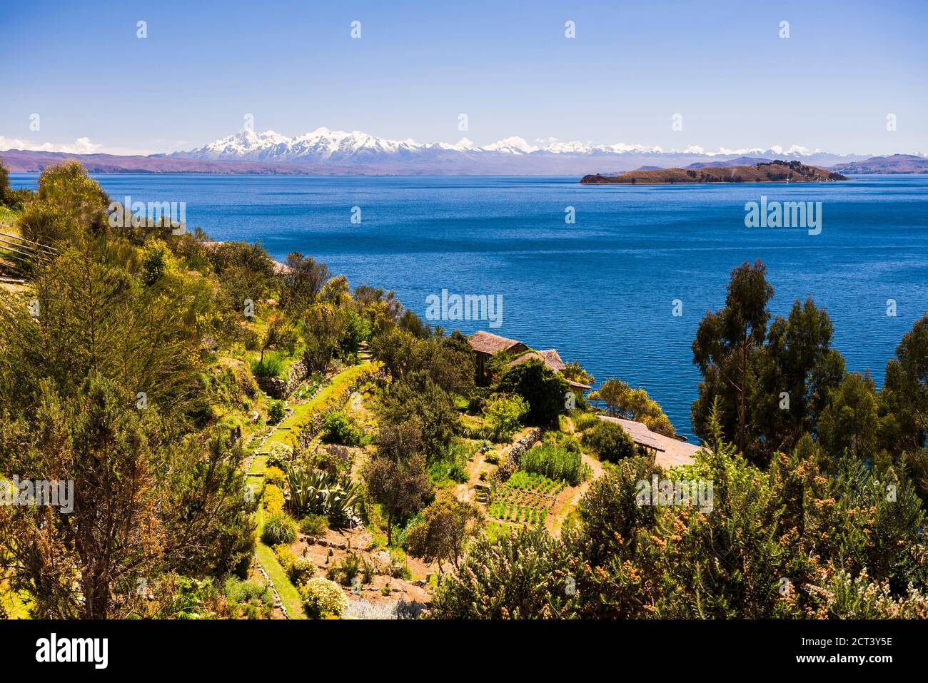 Isla del Sol (Insel der Sonne) Farmland mit Cordillera Real Mountain Range dahinter, Titicacasee, Bolivien, Südamerika Stockfoto