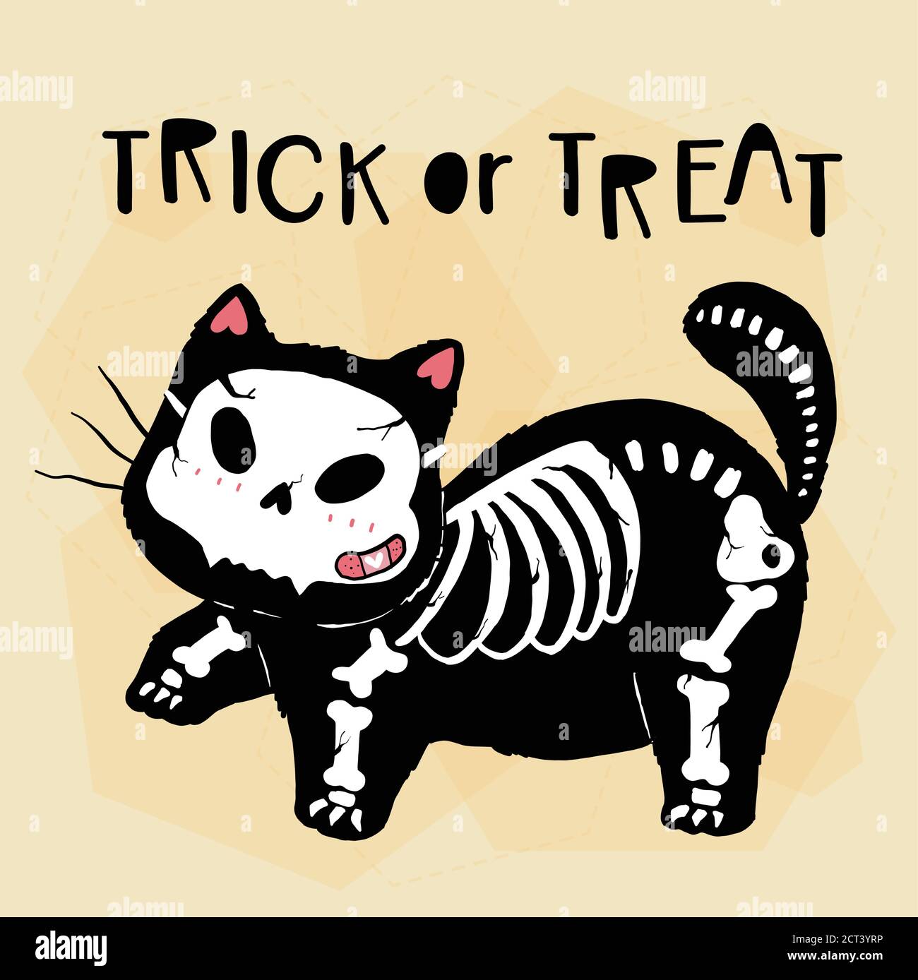 Niedliche Katze Skelett Schädel Halloween Trick or Treat, lustige Katze Kitty Clip Art mit Silhouette für Grußkarte, Sublimation, Aufkleber Stock Vektor