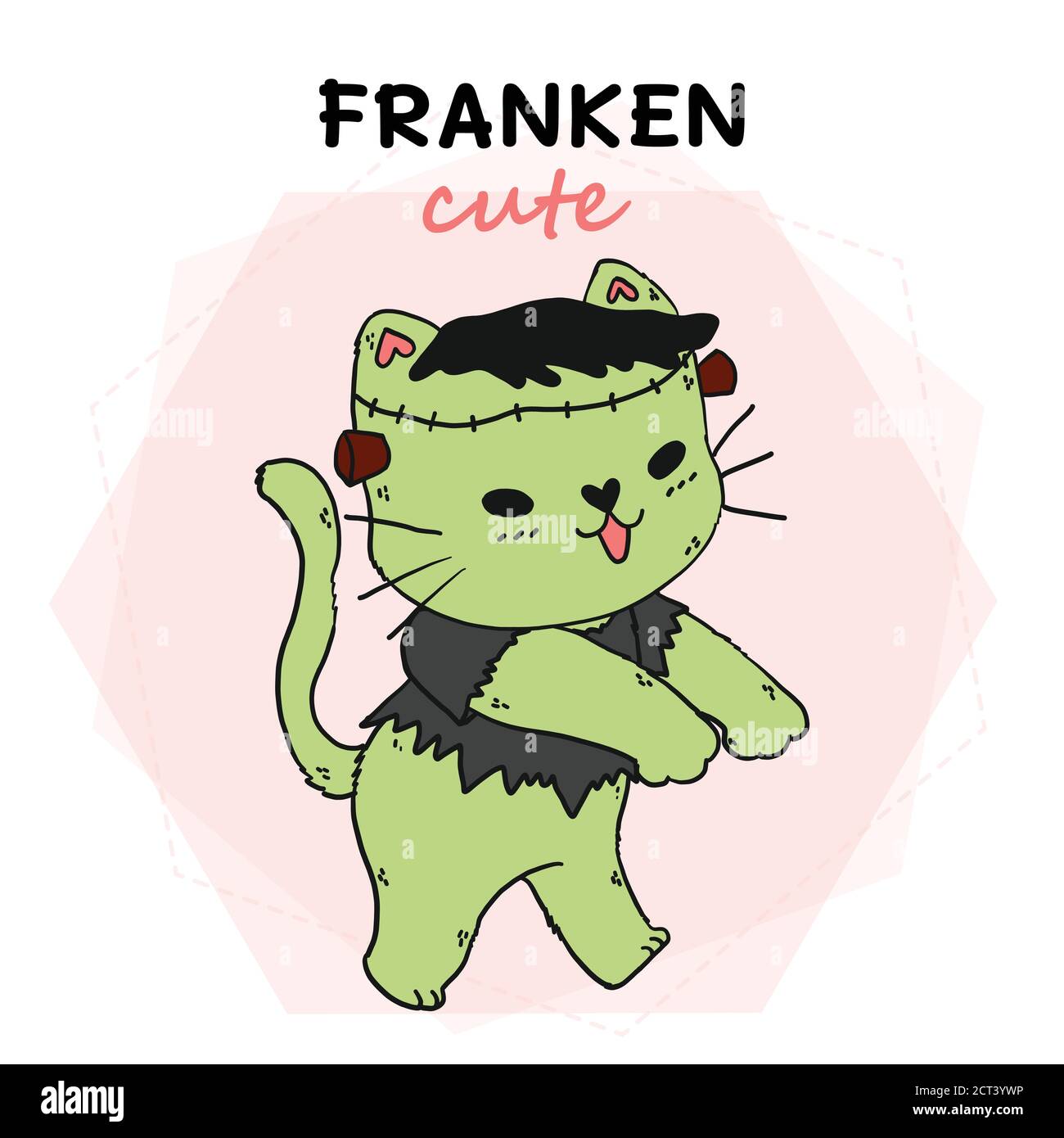 Niedliche Katze grün Frankenstein lustige Halloween, franken niedlich, Idee für Sublimation, drucken, Grußkarte, Aufkleber Stock Vektor