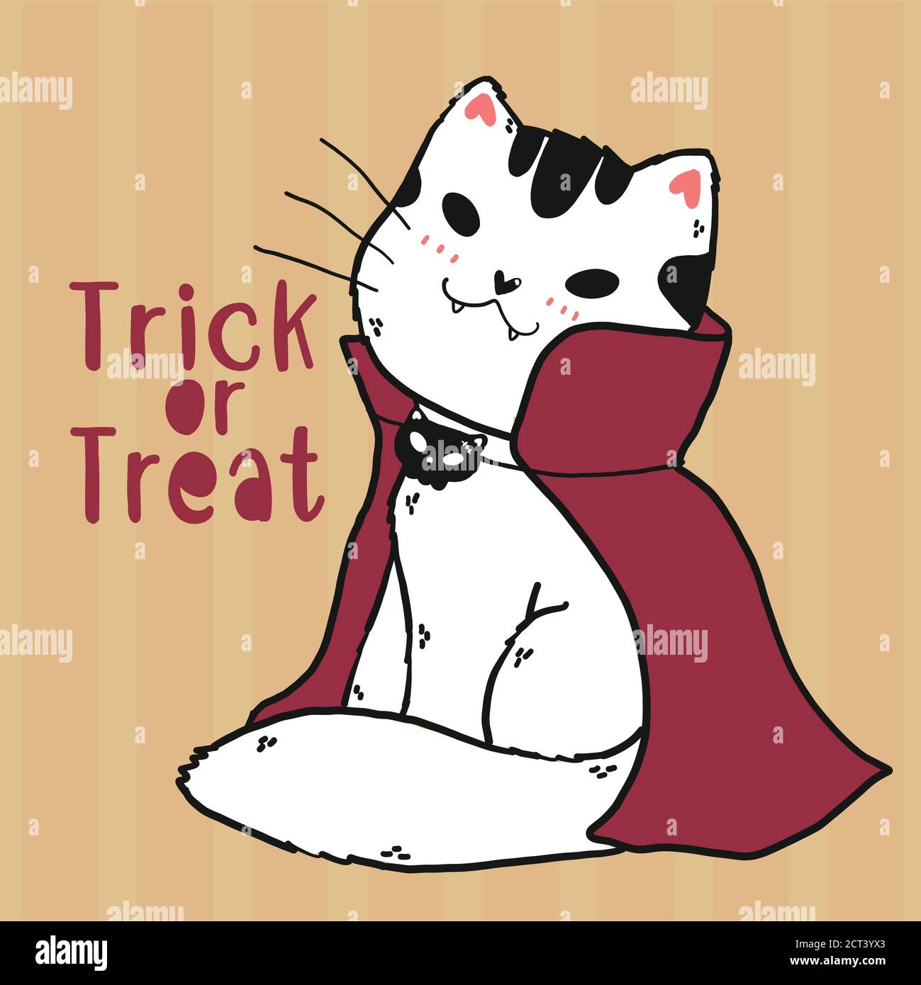 Niedliche Doodle Katze Vampir Kostüm Trick or Treat Halloween Cartoon Clip Art flache Vektor, Idee für Grußkarte, druckbare Karte, Wandkunst, Sublimation, Stock Vektor