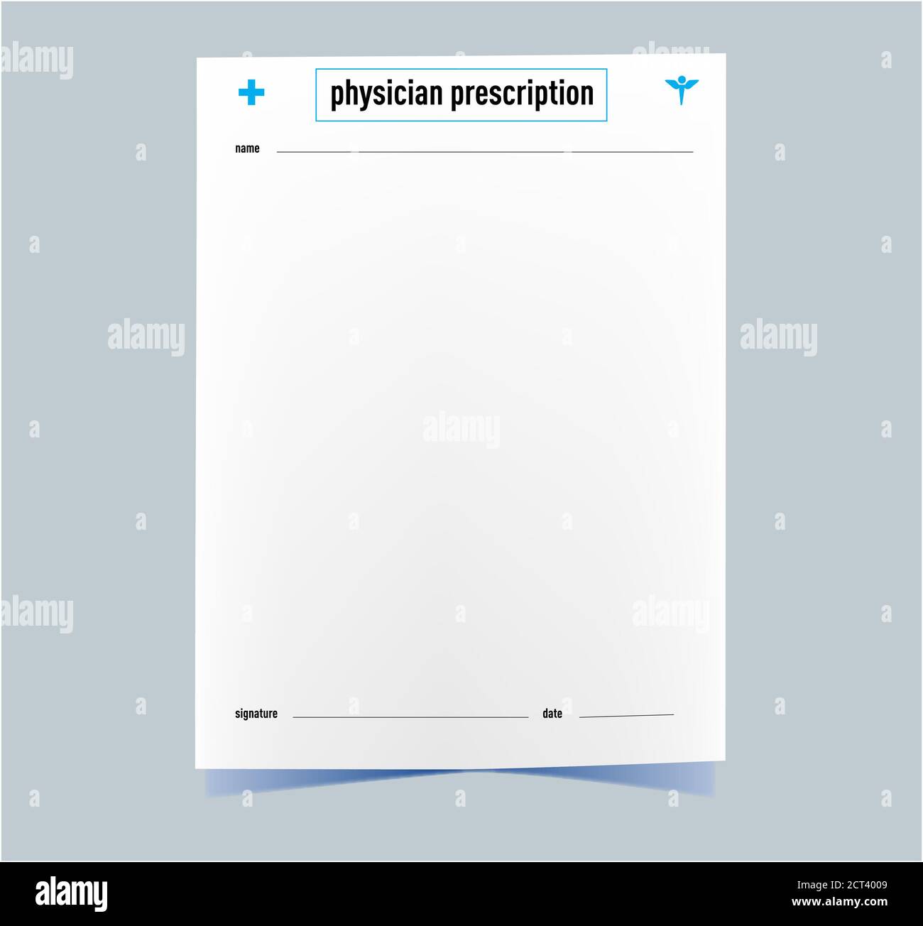 Ärztliches Rezept Medizin Form rx Verordnungssymbol auf einer gekrümmten Blatt Papier Stockfoto