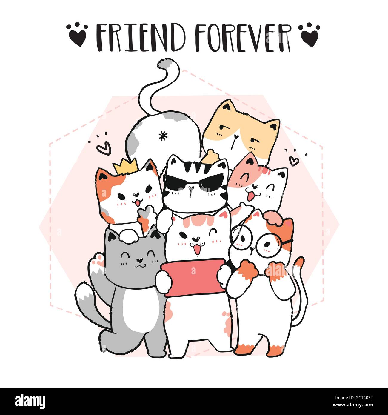 Cute Doodle Katze Freund Gang nehmen Selfie, Freund für immer, Grafik-Vektor Hand gezeichnet, Idee für Cut-Datei und Silhouette, Sublimation, Grußkarte, Wand Stock Vektor