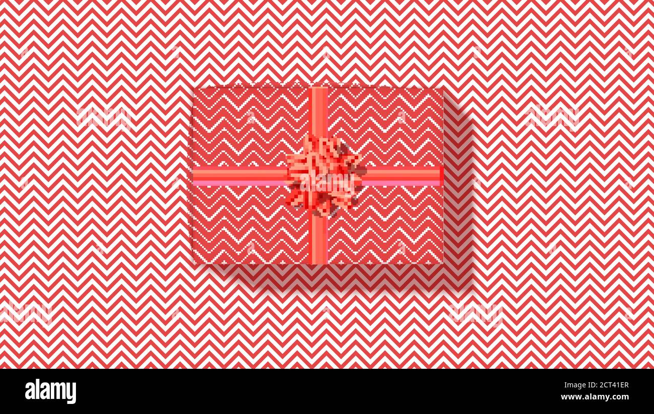 Geschenkschachtel mit Zick-Zack-Muster. Monochromes rotes Schema. Vektor-3d-Illustration. Draufsicht. Stock Vektor
