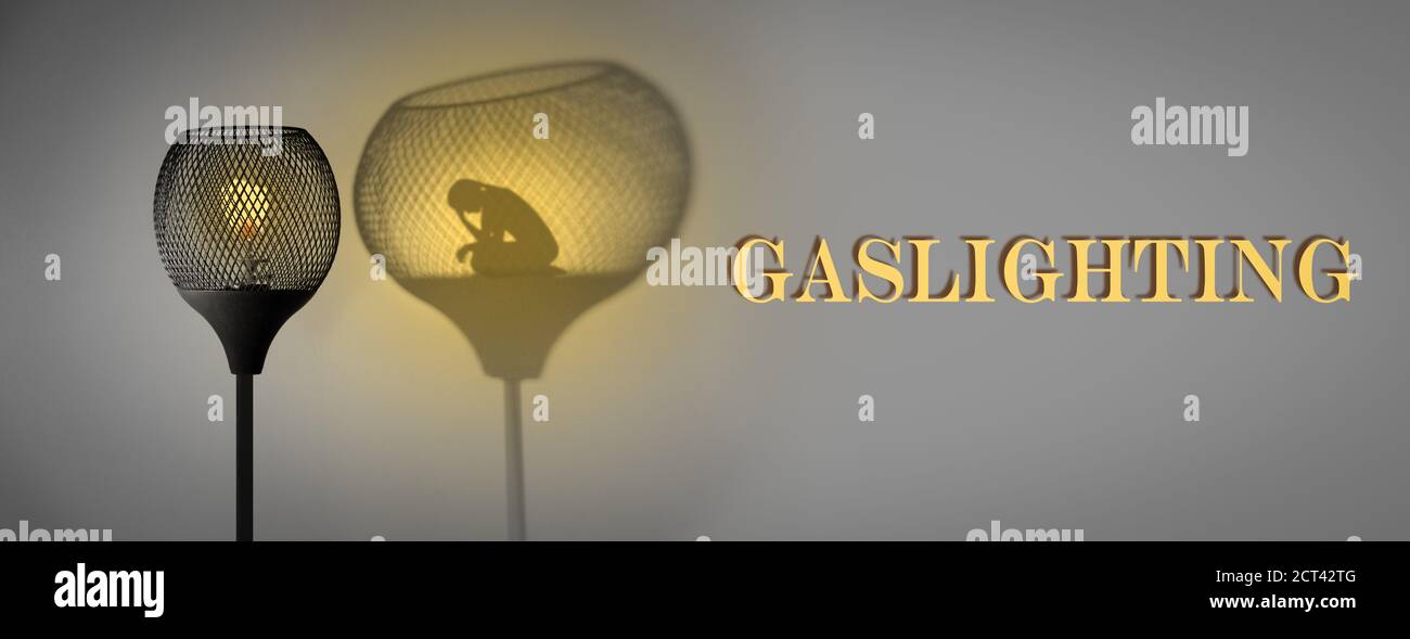 Gaslight mit Silhouette der Frau im Schatten von der Lampe gegossen, Gaslighting Text, Konzept Illustration Stockfoto