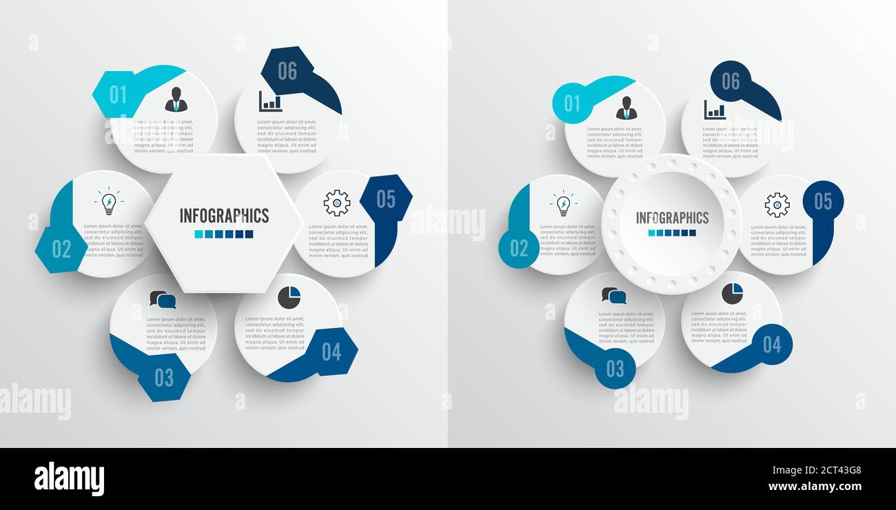 Legen Sie Infografiken für Vektorgrafiken 6 Optionen fest. Vorlage für Broschüre, Business, Webdesign. Für Inhalt, Diagramm, Flussdiagramm, Schritte, Teile, Zeitachse i Stock Vektor
