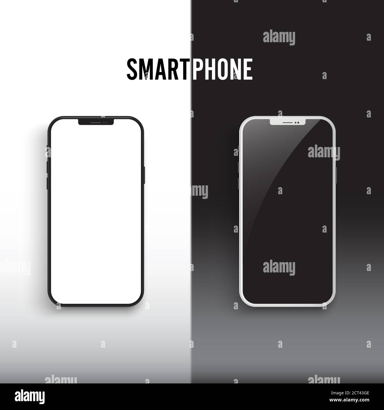 Schwarz-Weiß-Smartphone-Mockup mit Bildschirm isoliert auf weißem und schwarzem Hintergrund. illustrator vecter. Stock Vektor