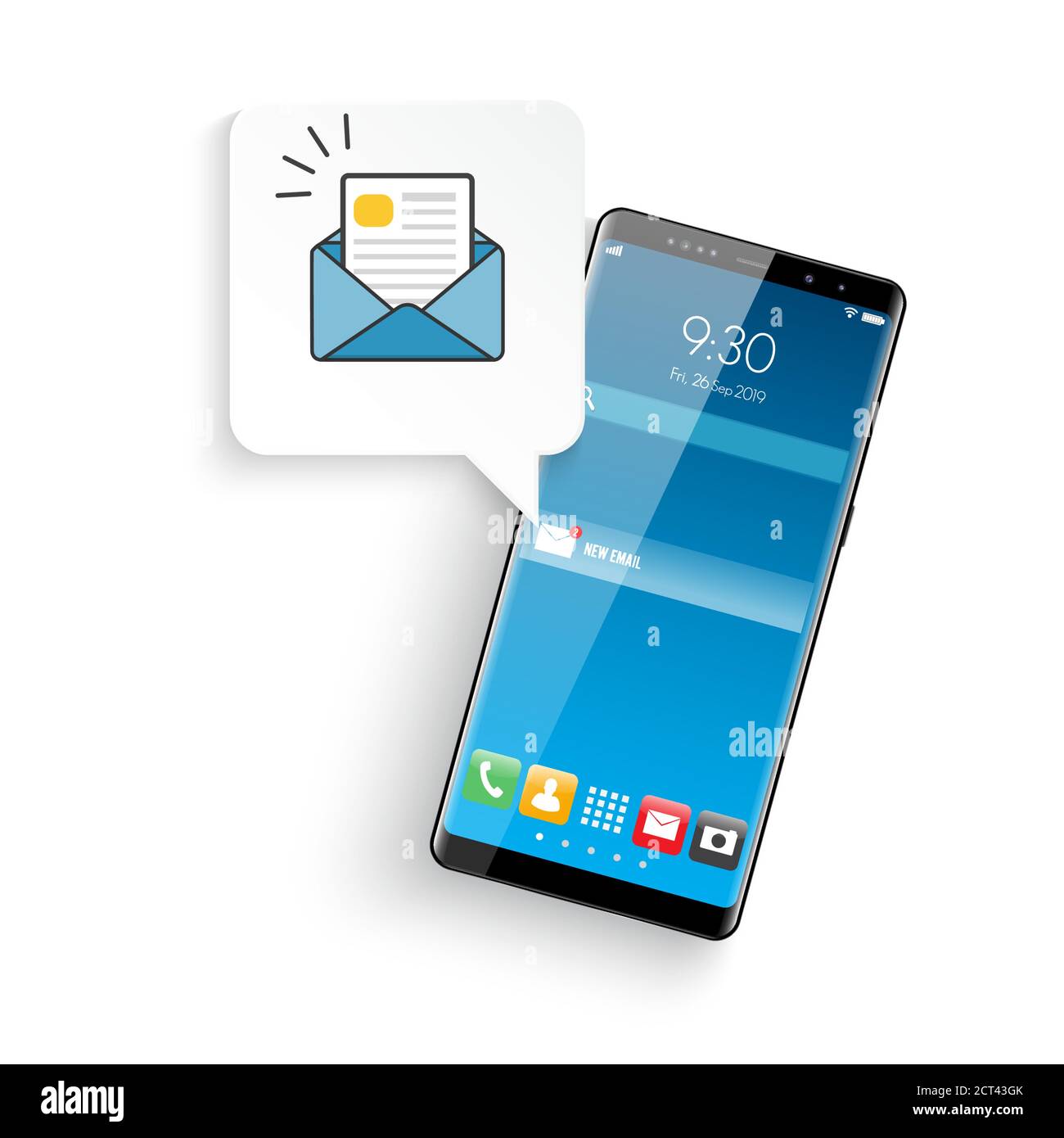 Neue realistische Handy modernen Stil. E-Mail-Benachrichtigungskonzept. Neue E-Mail auf dem Smartphone-Bildschirm. Vektorgrafik. Stock Vektor