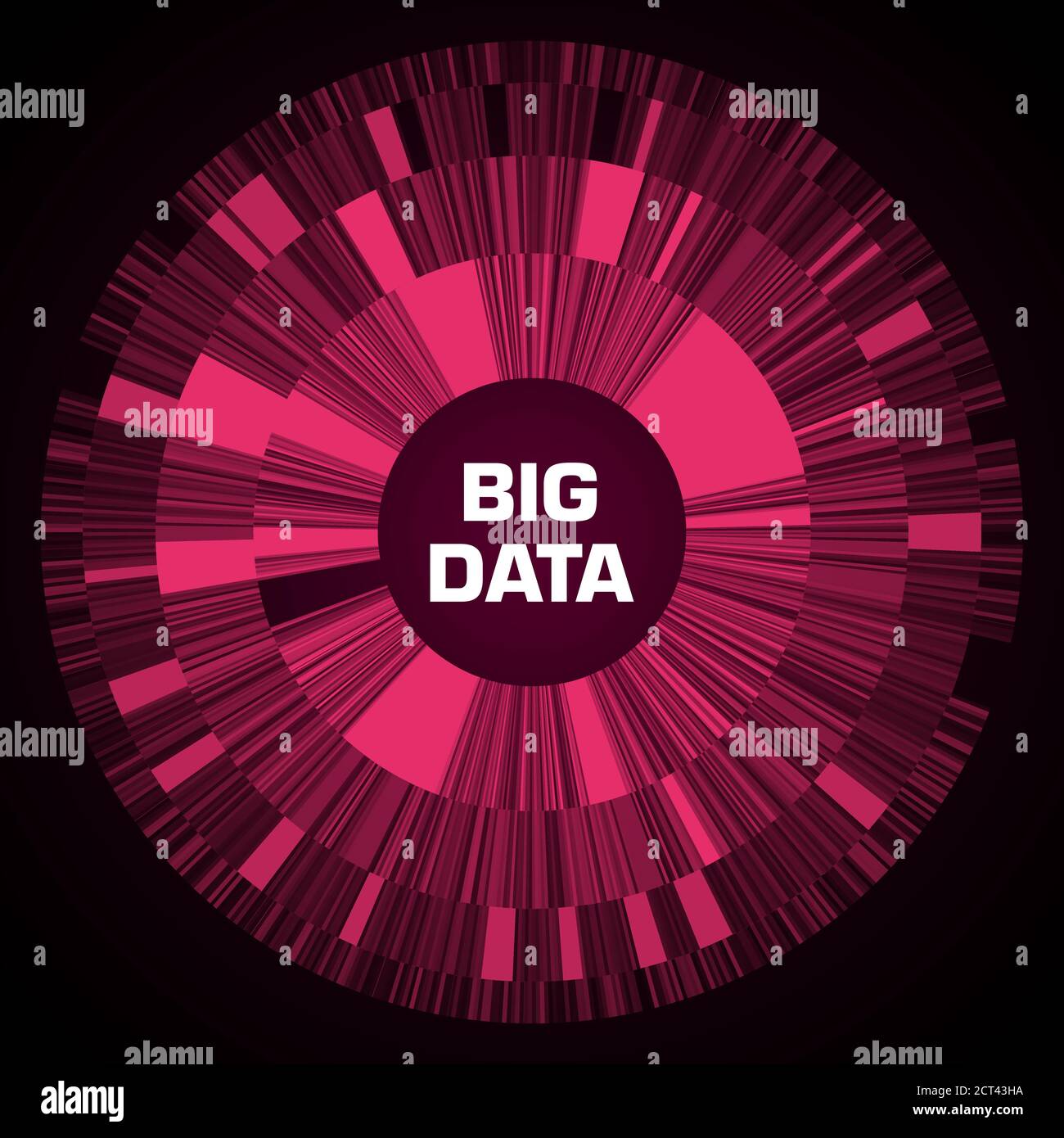 Big-Data-Visualisierung. Rotes futuristisches Kreisdiagramm mit Kopierraum in der Mitte. Eine radiale Gruppe von Segmenten. Design für Wirtschaft, Wissenschaft Stock Vektor