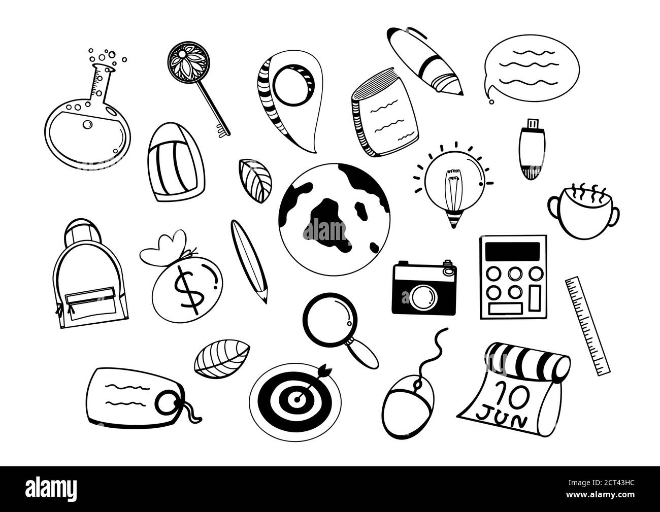 Travel Doodle Icons. Handgefertigte Illustration. Skizze Linie Art. Touristische Objekte Urlaub. Sommerabenteuer. Stock Vektor