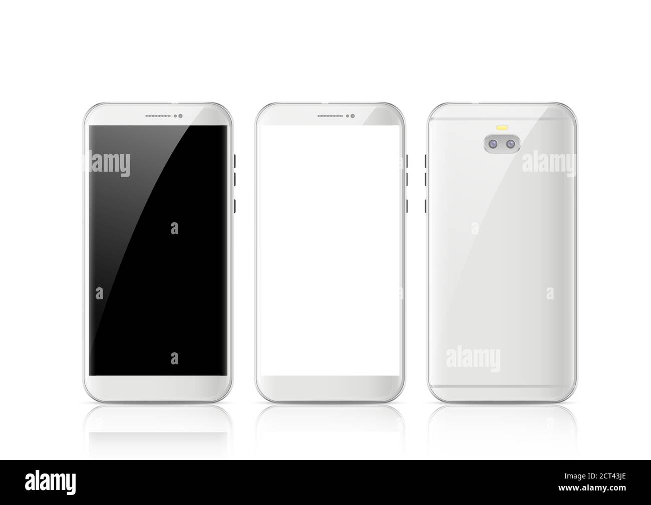 Moderne weiße Touchscreen Handy Tablet-Smartphone auf hellem Hintergrund isoliert. Telefon auf Vorder- und Rückseite isoliert. Vektorgrafik. Stock Vektor