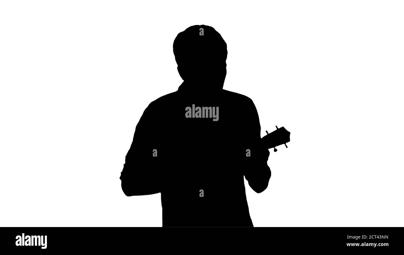 Silhouette Junge Mann spielen Ukulele und Unterzeichnung beim Gehen. Stockfoto