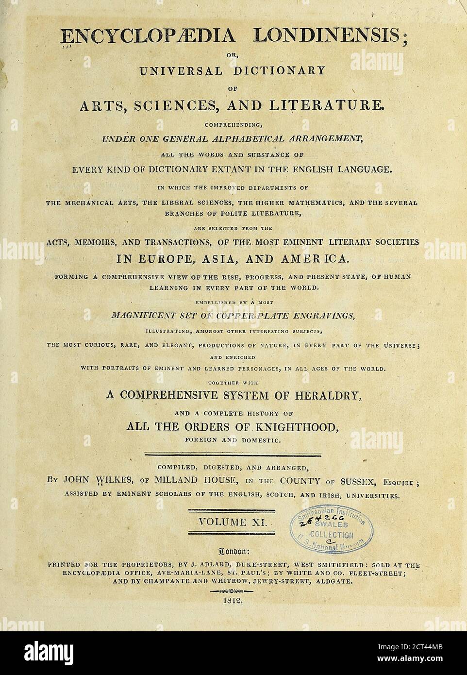 Titel- und Kreditseite Kupferstich aus der Encyclopaedia Londinensis oder, Universal Dictionary of Arts, Sciences, and literature; Band XI; herausgegeben von Wilkes, John. Veröffentlicht 1812 in London Stockfoto