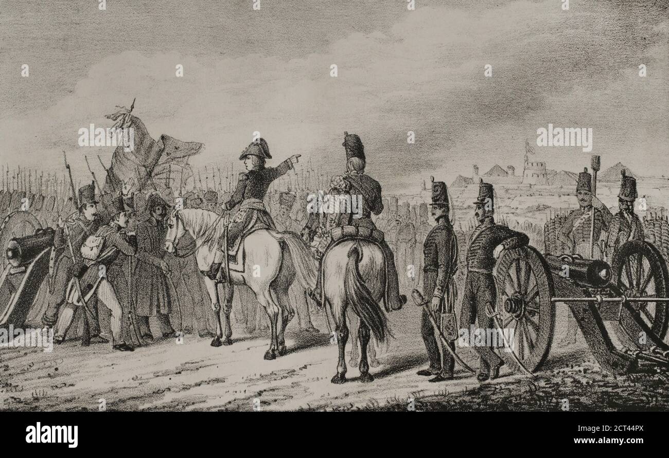 Guerra de la Independencia Española (1808-1814). Por la situación estratégica de la ciudad de Gerona para los franceses, ésta fué objeto de tres asedios durante la contienda. El Primer asedio lo llevaron a cabo tropas mandadas por el General Duhesme, el 20 de junio de 1808. El ataque fracasó. El segundo sitio acaeció entre el 20 de lulio y el 20 de agosto de 1808, cuando las tropas de Duhesme tuvieron que retirarse atacadas por un ejército español llegado al socorro de la ciudad y por una columna de los sitiados, que realizaron una salida. El tercero se inició en junio de 1809, fecha en la que Stockfoto