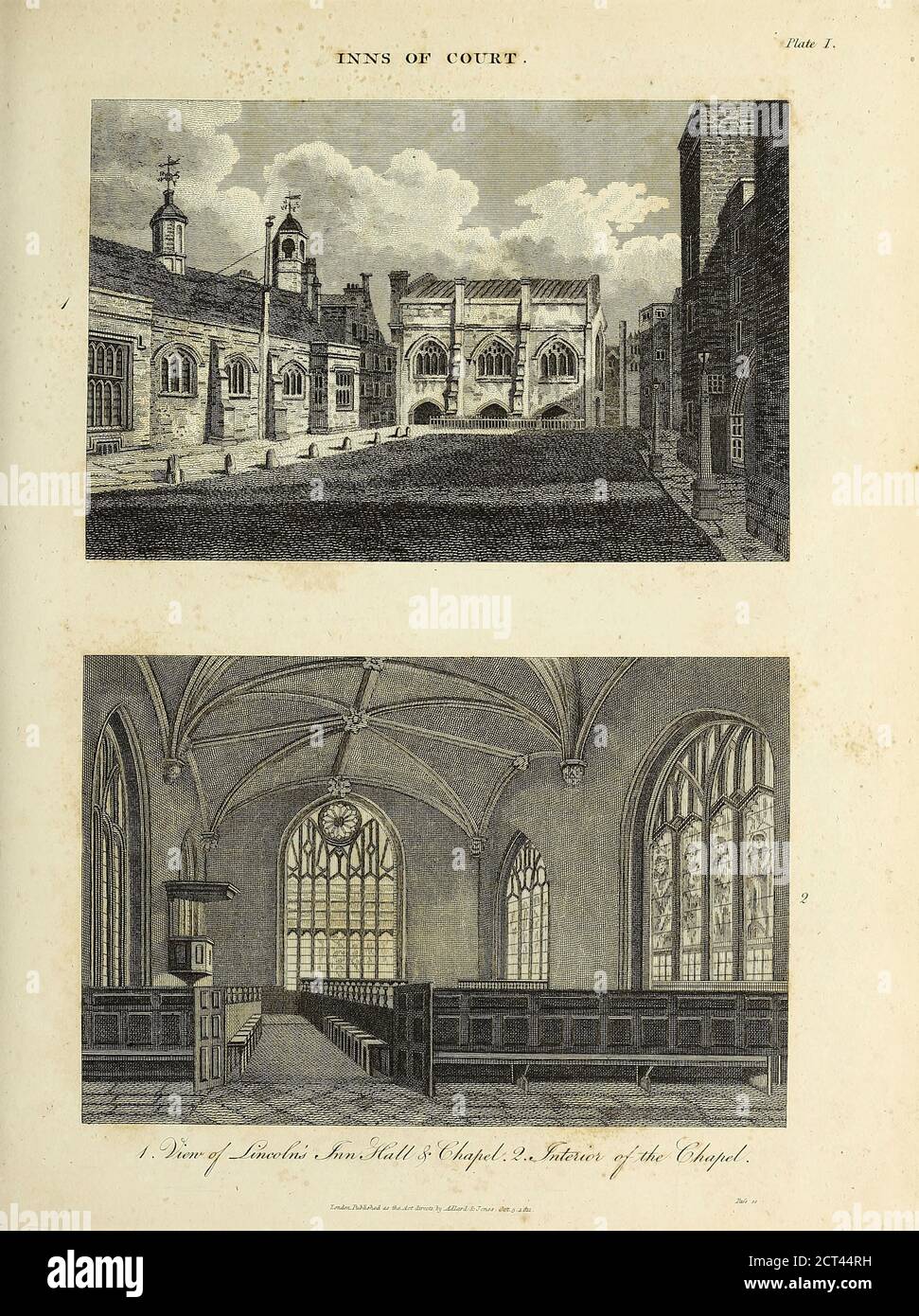 Inns of Court, Lincoln's Inn Hall and Chapel (Oben) Innere der Kapelle (Unten) Kupferstich aus der Encyclopedia Londinensis oder, Universal Dictionary of Arts, Sciences, and literature; Band XI; herausgegeben von Wilkes, John. Veröffentlicht 1812 in London Stockfoto