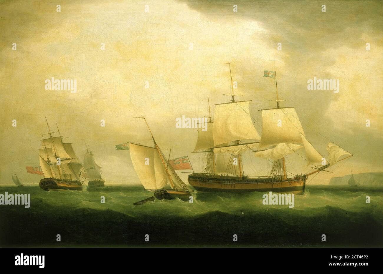 Die Schneiderin Mary Ann und HMS Sylph. Das Schiff war eine Schiffsschlaufe, die im September 1795 gestartet wurde. ‘SGemälde erinnert wohl an die Inbetriebnahme der „Mylph“. Sie wird in den Downs in der Breitseitenansicht gezeigt und fliegt den roten Fähnrich. Dies kann ein Schiffsporträt sein, auf dem das Schiff in der Heck- und Bogenansicht links abgebildet ist. Als Teil der Nelsons Marine diente sie 1805 auf der Guernsey Station und war wahrscheinlich an Überfällen an der französischen Küste beteiligt, um die Vorbereitungen zur Invasion Englands zu stören. Das Gemälde ist signiert und datiert 1795. Von Thomas Whitcombe (möglicherweise 19. Mai 1763 – c. 1824) war ein Profi Stockfoto