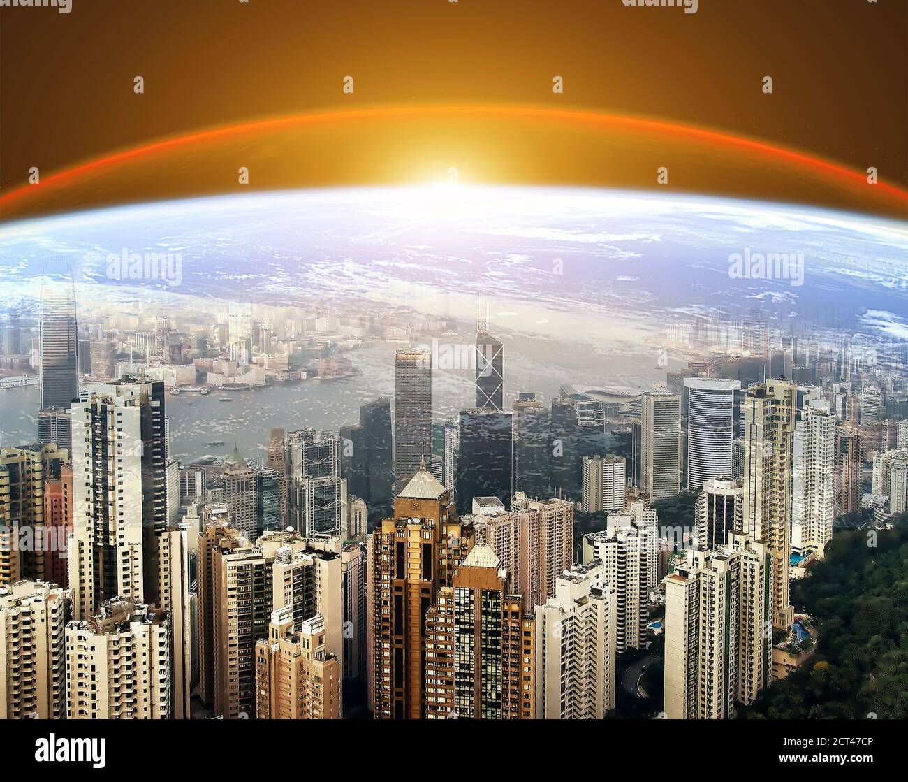 Moderne städtische Skyline. Planet Erde Sonnenaufgang. Weltweites Internet-Konzept. Globale Geschäfts- und Finanzbranche Stockfoto