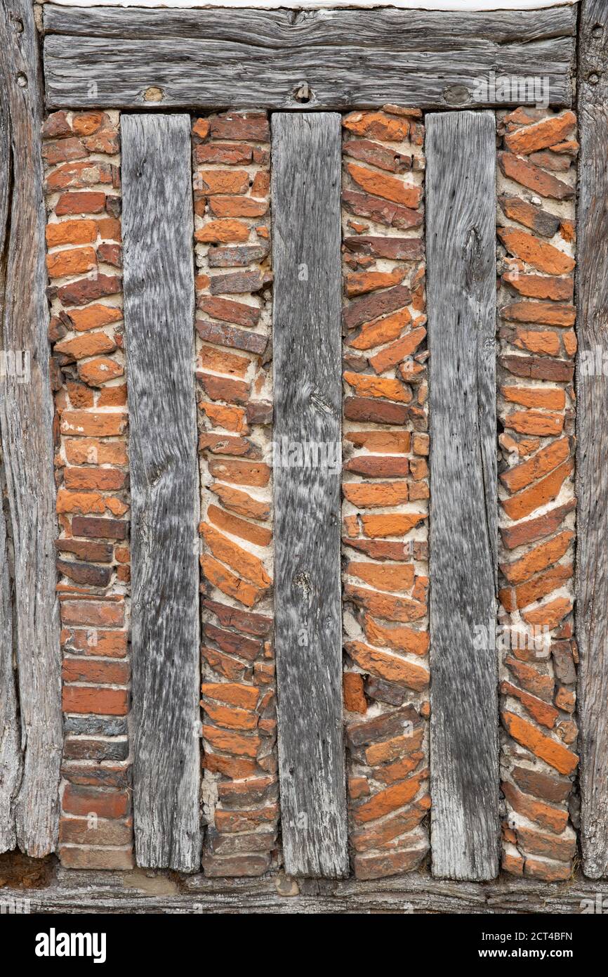 Detail des Mauerwerks eines Tudor-Gebäudes Stockfoto