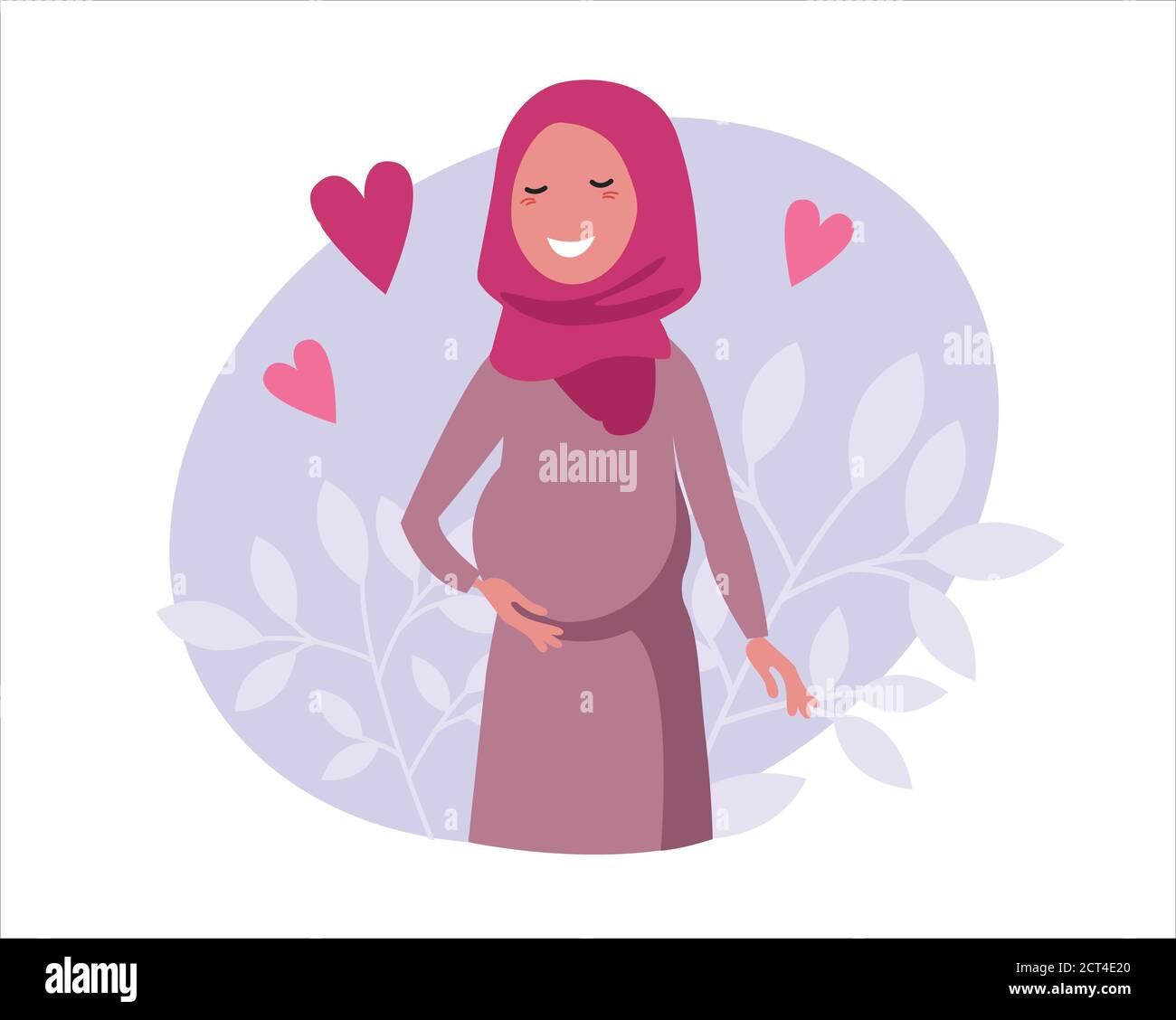 Ein Poster mit einer schönen muslimischen schwangeren Frau. Minimalistisches Design, flache Cartoon-Vektor-Illustration. Eine schwangere Frau hält die Hände auf dem Bauch Stock Vektor