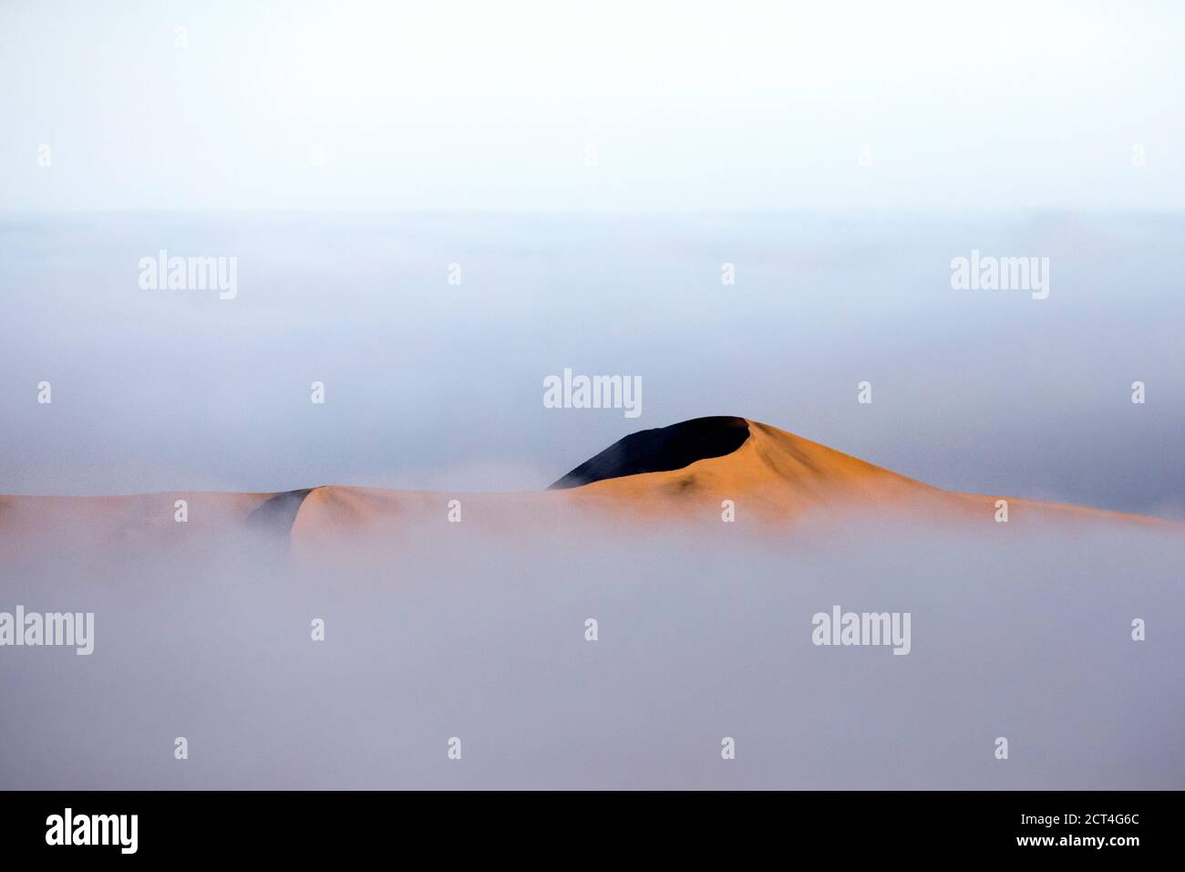 Eine Sanddüne erhebt sich über der Nebelgrenze in Sossusvlei, Namibia. Stockfoto