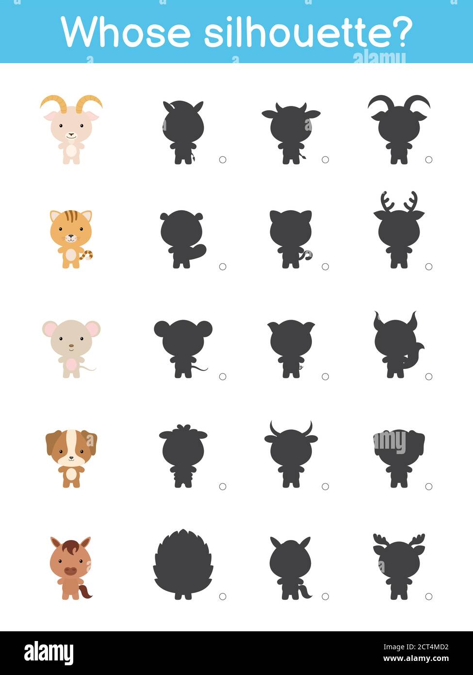 Wessen Silhouette Spiel Vorlage. Passende Spiel für Kinder mit heimischen Cartoon-Tiere. Aktivitätsseite für Kinder. Arbeitsblatt zur Entwicklung von Schulungen. Logisch Stock Vektor