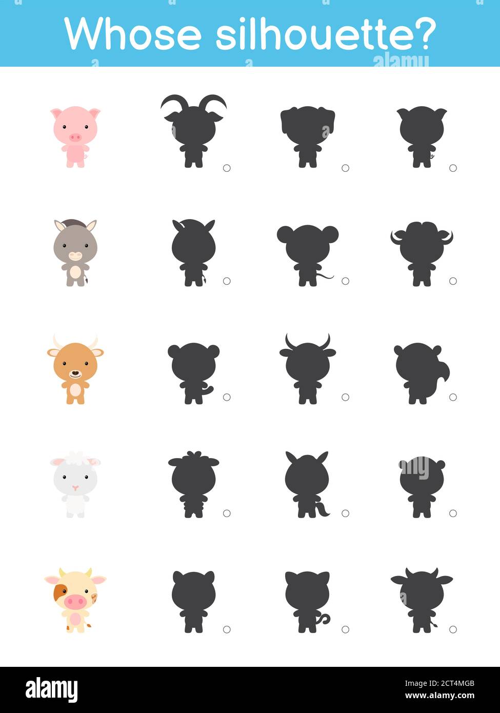 Wessen Silhouette Spiel Vorlage. Passende Spiel für Kinder mit heimischen Cartoon-Tiere. Aktivitätsseite für Kinder. Arbeitsblatt zur Entwicklung von Schulungen. Logisch Stock Vektor