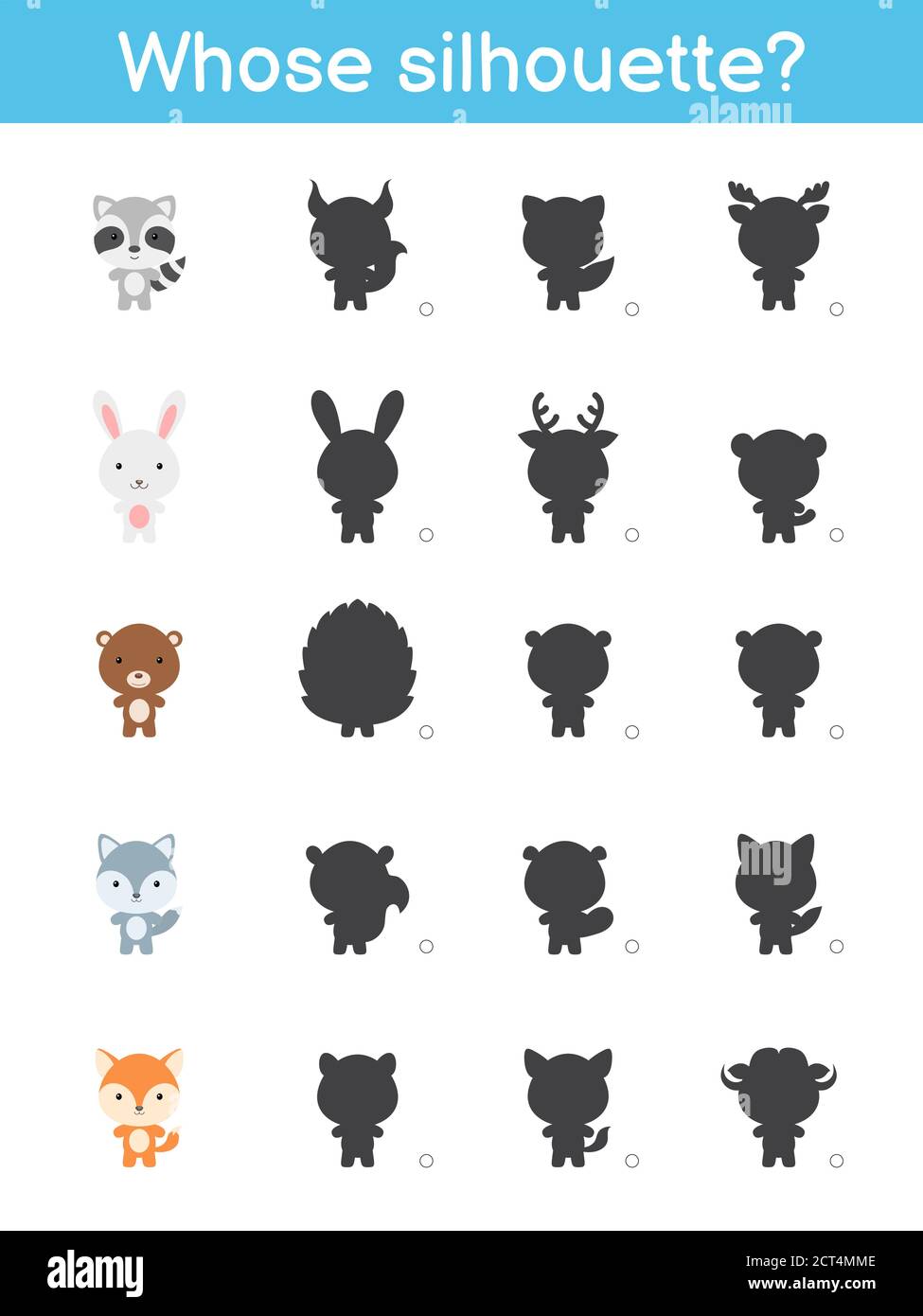 Wessen Silhouette Spiel Vorlage. Passende Spiel für Kinder mit Wald Cartoon Tiere. Aktivitätsseite für Kinder. Arbeitsblatt zur Entwicklung von Schulungen. Logisches Th Stock Vektor