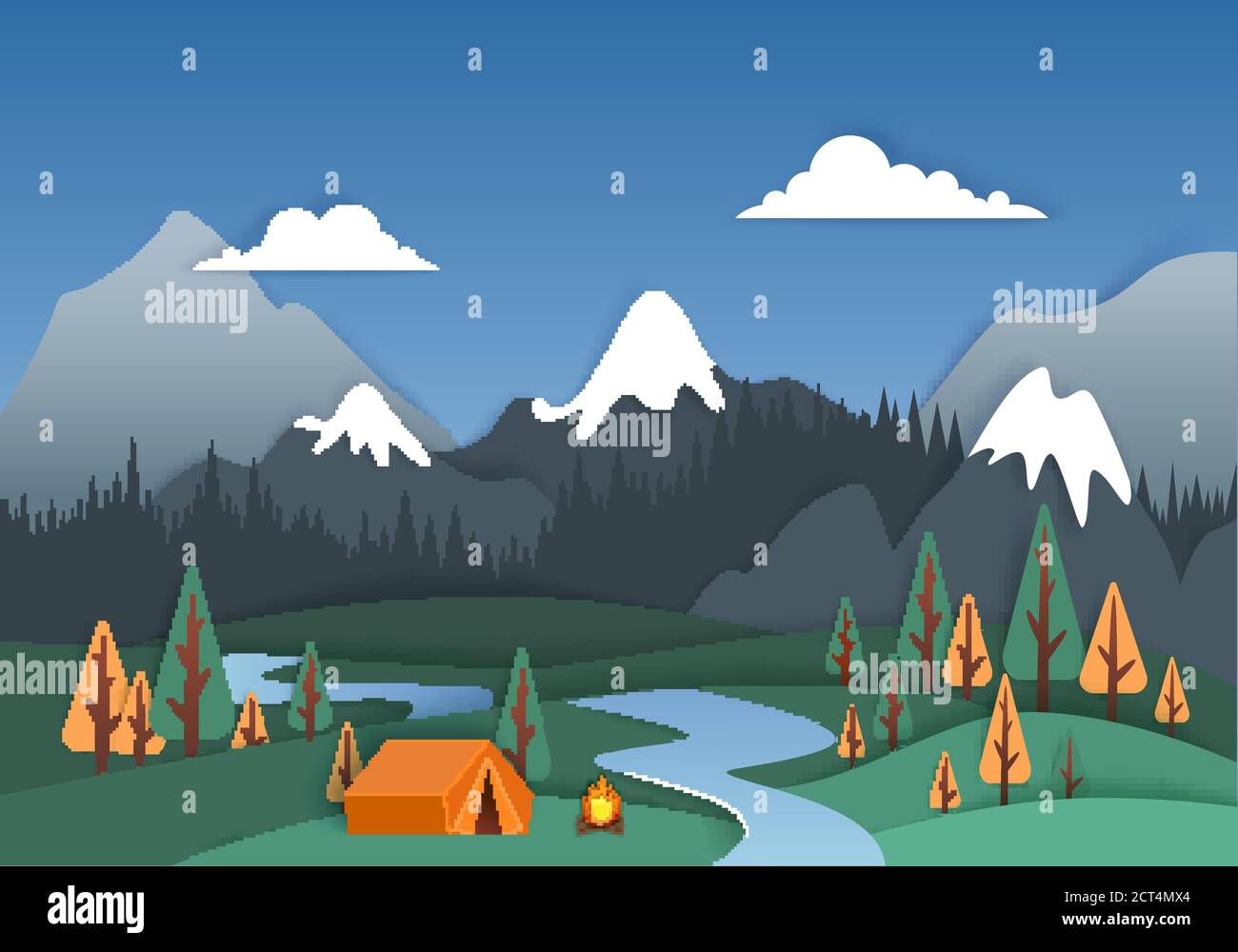Mountain Camp, Vektor-Illustration in Papierkunst-Stil Stock Vektor