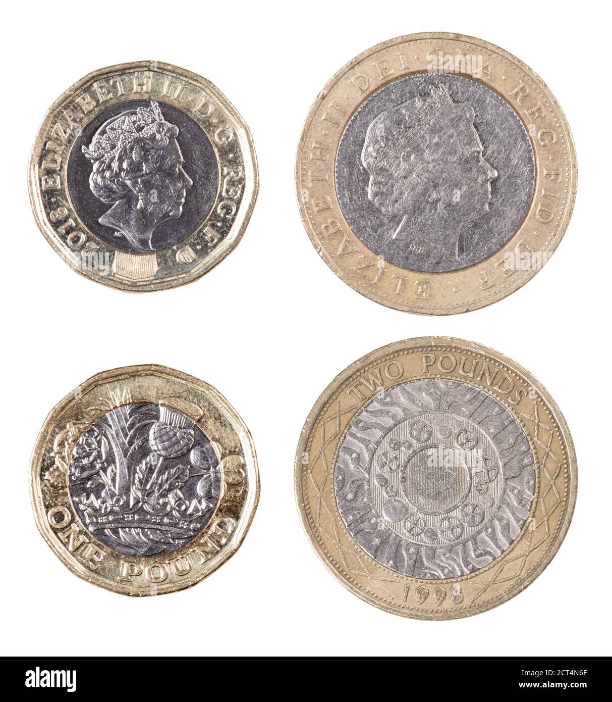 Vorder- und Rückseite des britischen und Zwei Pfund-Münzen isoliert auf weißem Hintergrund Stockfoto