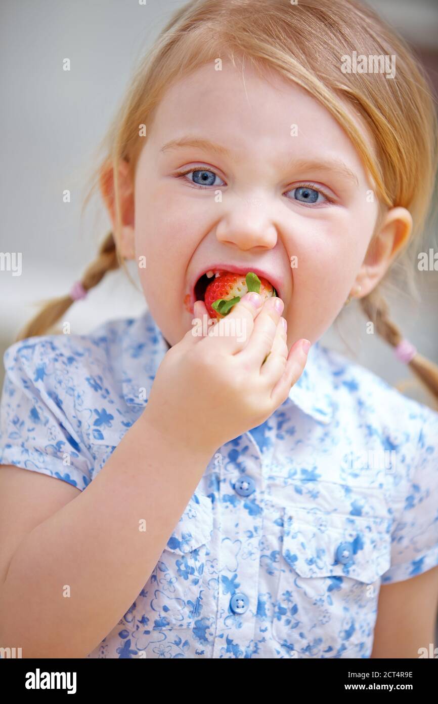 Kleines Kind beißt zu Hause in eine reife Erdbeere Stockfoto