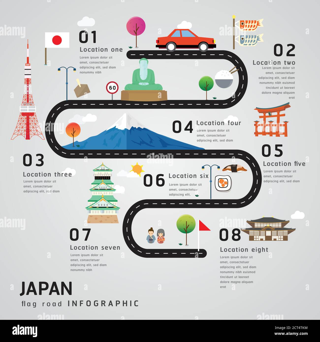 Infografiken zu Straßenkarte und Reiseroute-Timeline in Japan Stock Vektor