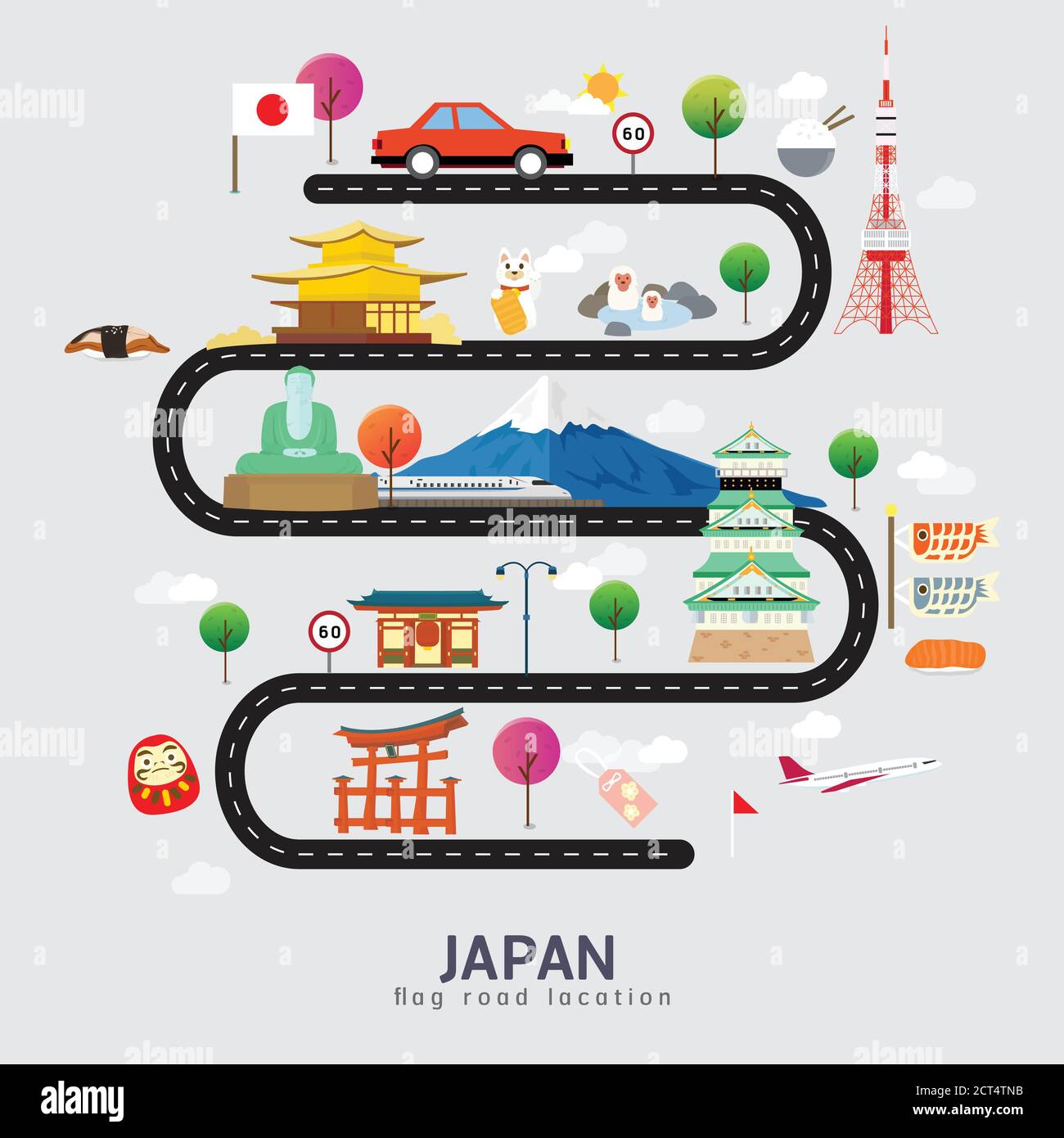 Straßenkarte und Reiseroute in Japan Stock Vektor