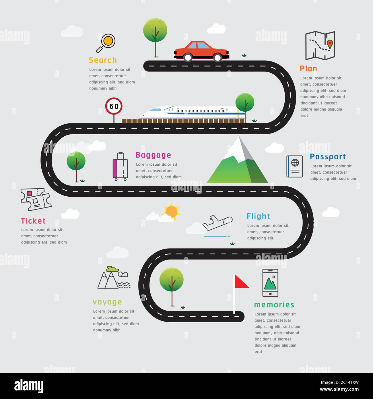Infografiken zu Road Map und Route Timeline Stock Vektor