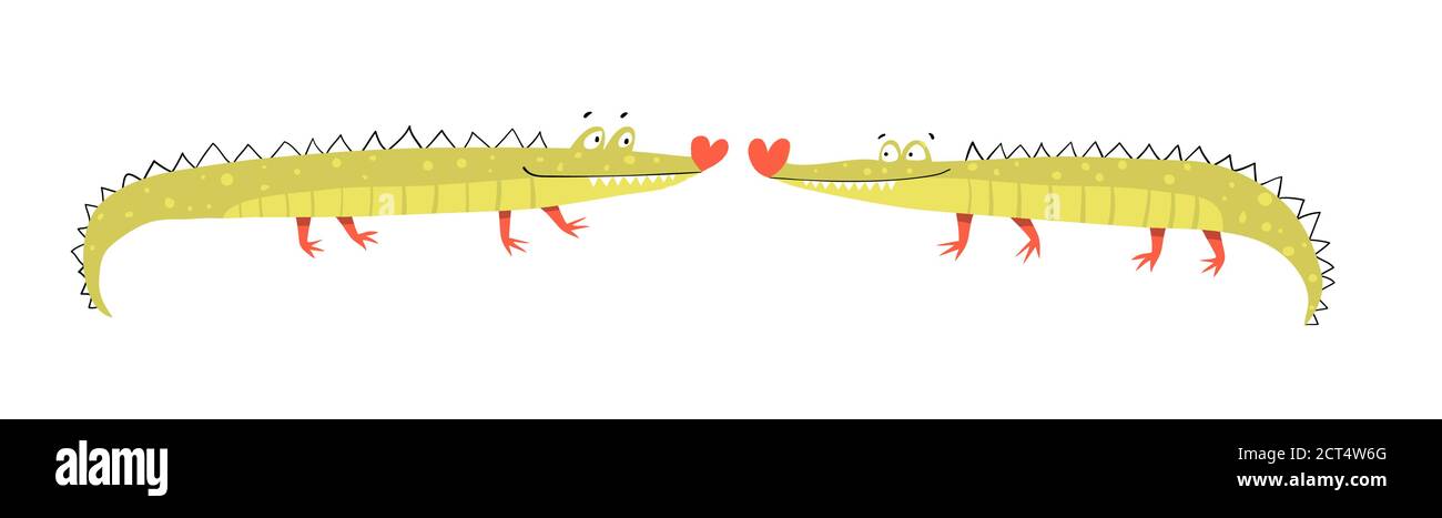Wenig amüsant und lustig fröhlich Alligatoren küssen Charakter Doodle Cartoon-Design. Stock Vektor