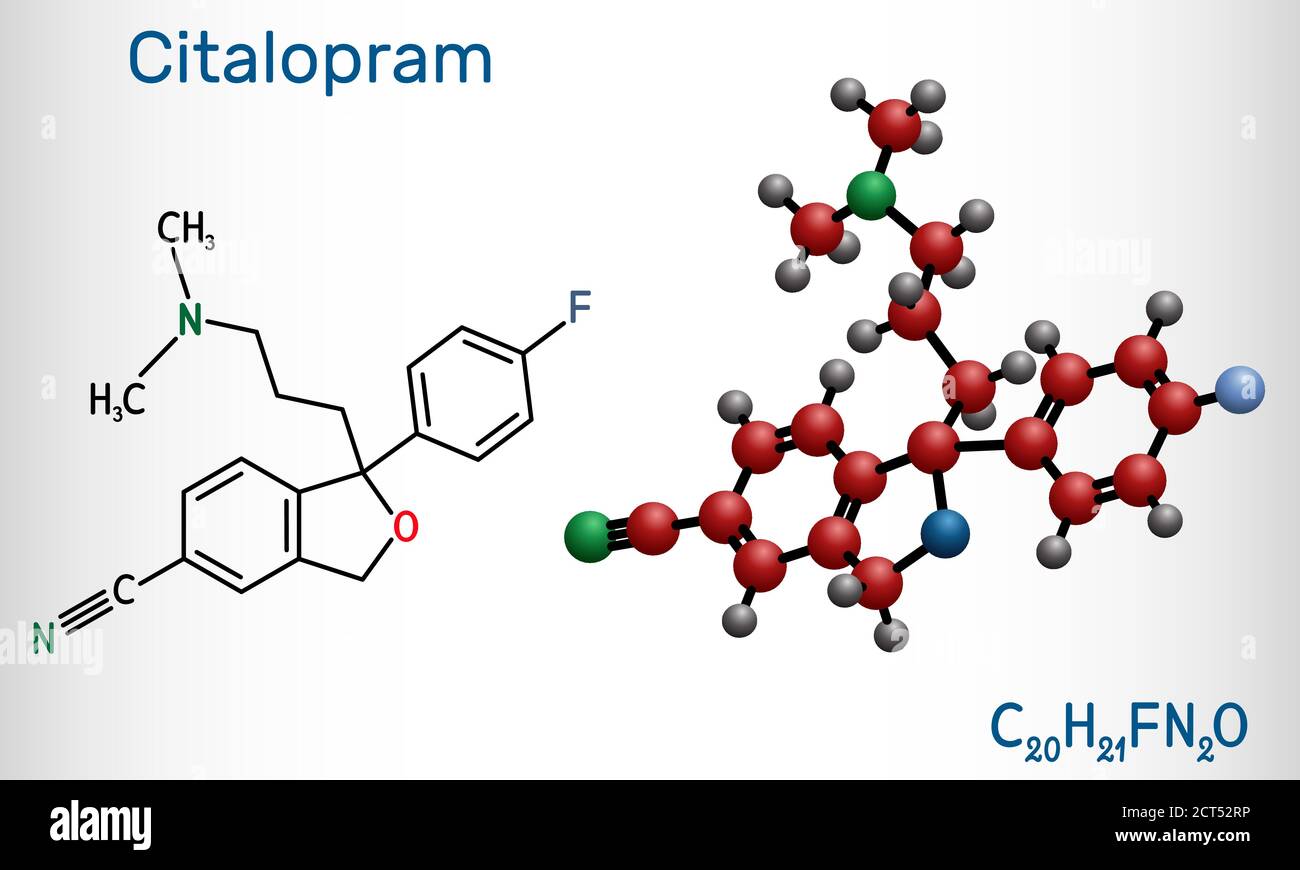 Citalopram, C20H21FN2O-Molekül. Es ist Antidepressivum, selektive Serotonin-Wiederaufnahmehemmer (SSRI) Klasse, ist weit verbreitet, um Symptome von Depressionen zu behandeln Stock Vektor