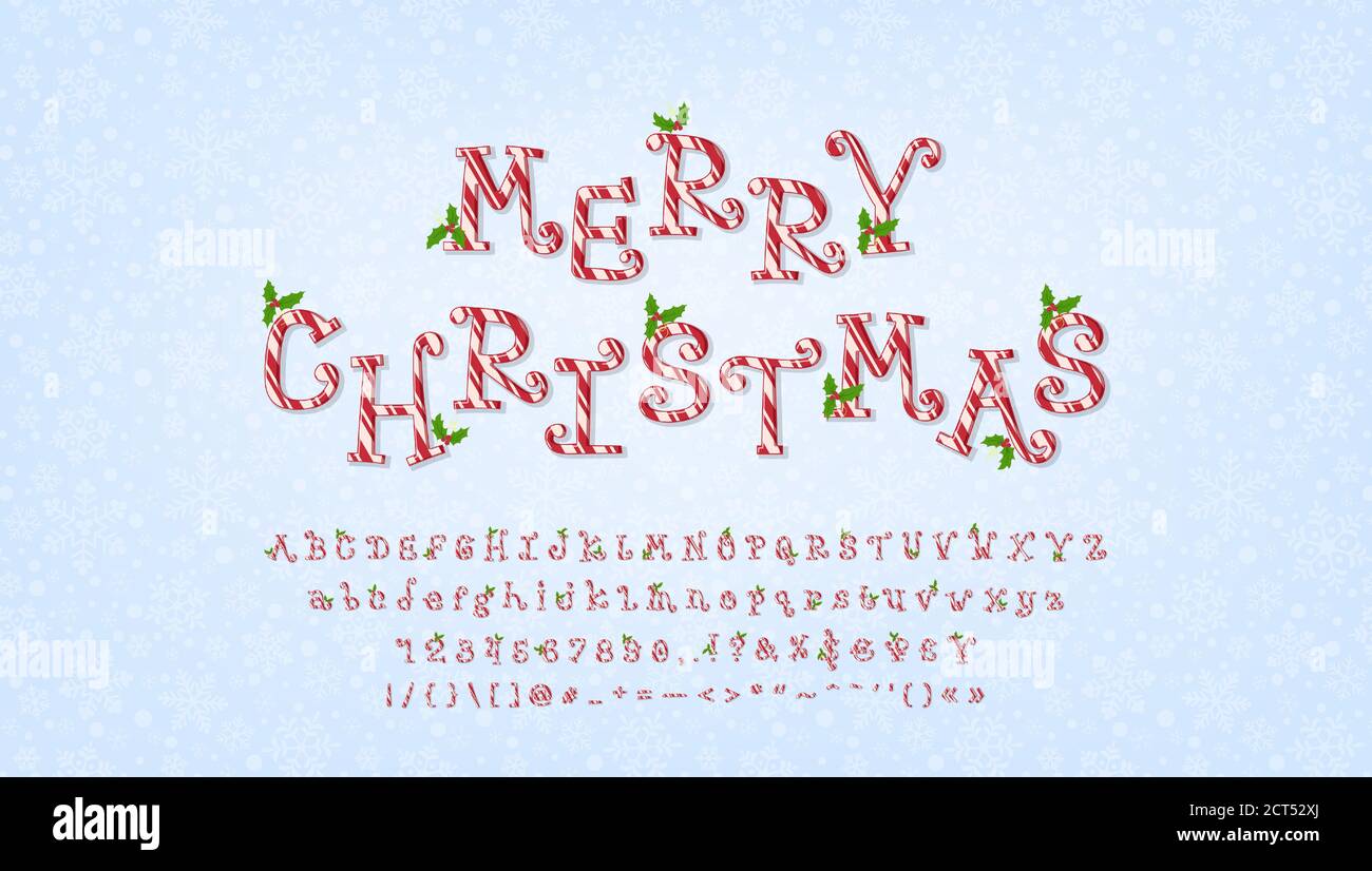Süße frohe Weihnachten, Weihnachtsgrüße. Cartoon Candy Cane Alphabet mit Mistel Dekoration. Geschweiften Vektor-Schriftart, Großbuchstaben und Kleinbuchstaben, Zahlen Stock Vektor