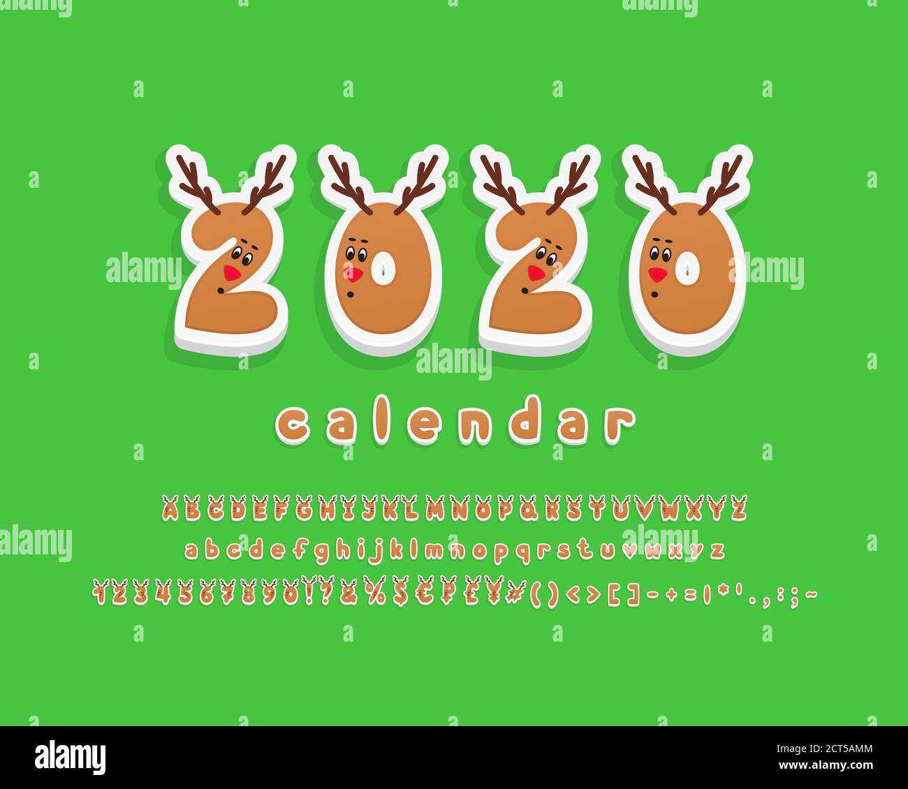 Hirsch-Alphabet. Zeichentrickfilm Vektor 3D-Schrift. Großbuchstaben und Zahlen mit niedlichen Tiergesichtern. Lustige Überschrift für Kalender, Weihnachten und Neujahr Stock Vektor